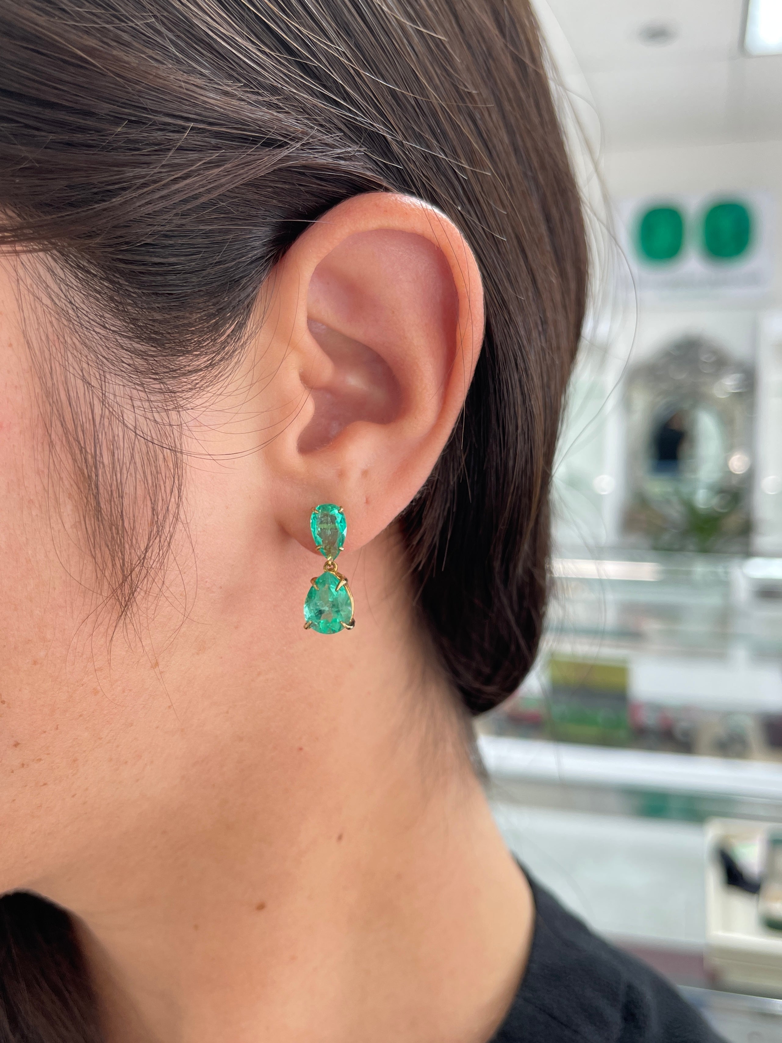 6.56tcw Emerald Dangle Stud 18K Yellow Gold Earrings - JR Colombian Emeralds