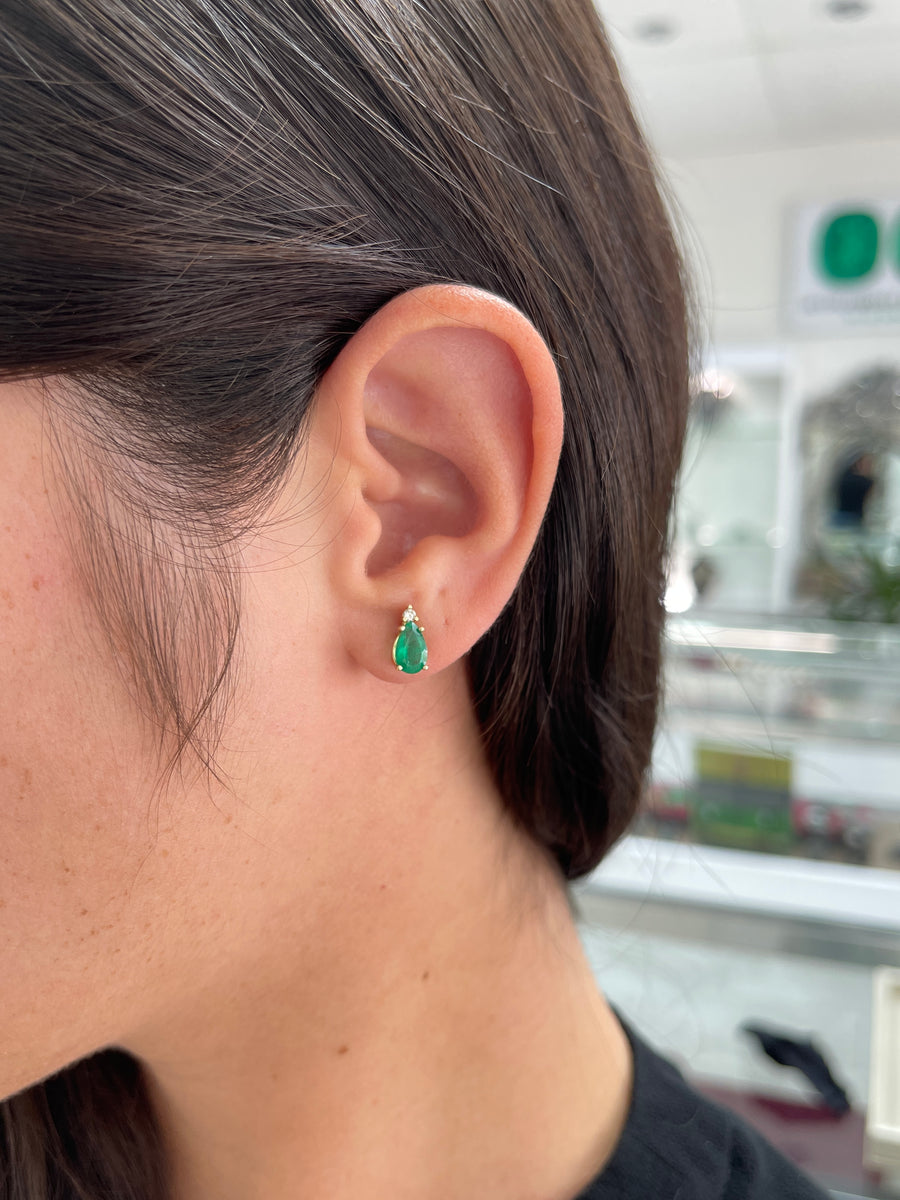 1.66tcw Tear Drop Natural Emerald & Diamond Stud Earrings 14K
