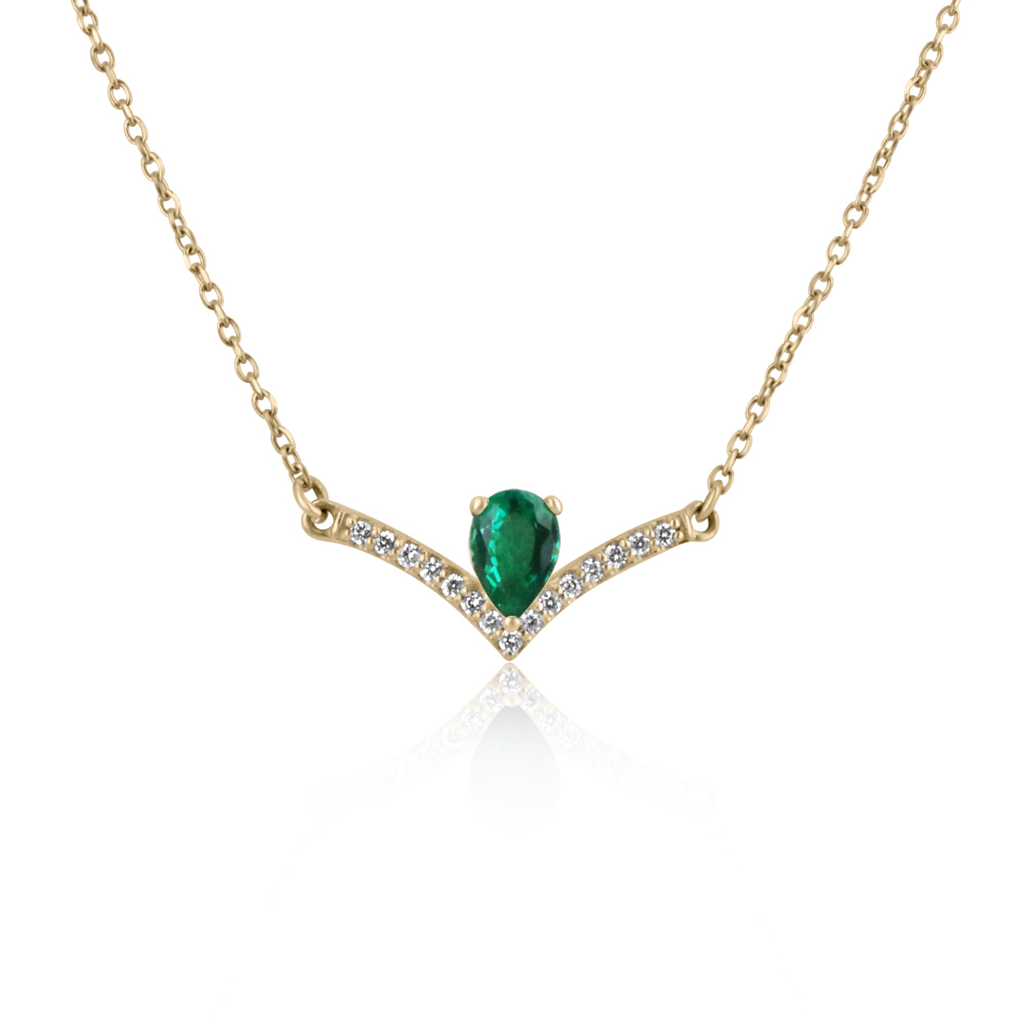 0.45tcw Natural Emerald Pear & Accented Diamond V Necklace 14K - JR Colombian Emeralds