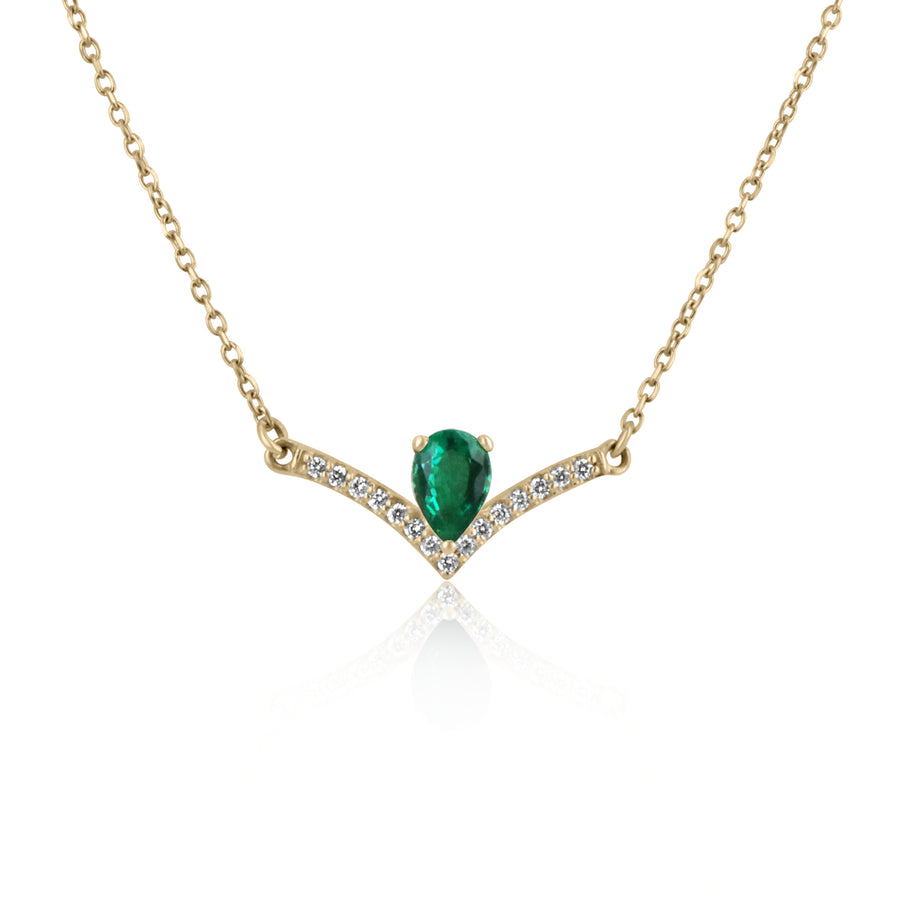 0.45tcw Natural Emerald Pear & Accented Diamond V Necklace 14K