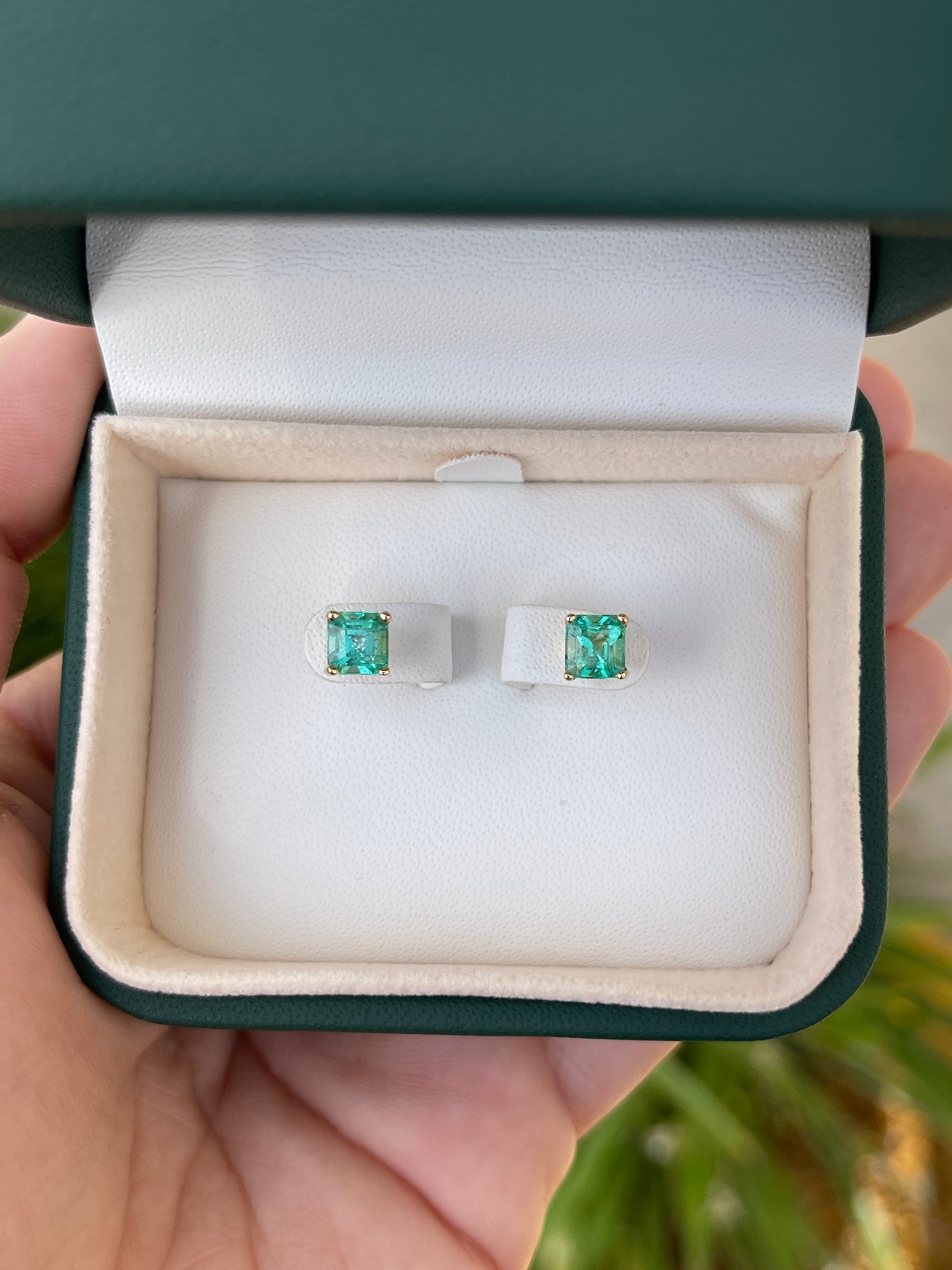 2.05tcw 5.5x5.5 Asscher Cut Emerald Screw Back Studs 14K - JR Colombian Emeralds