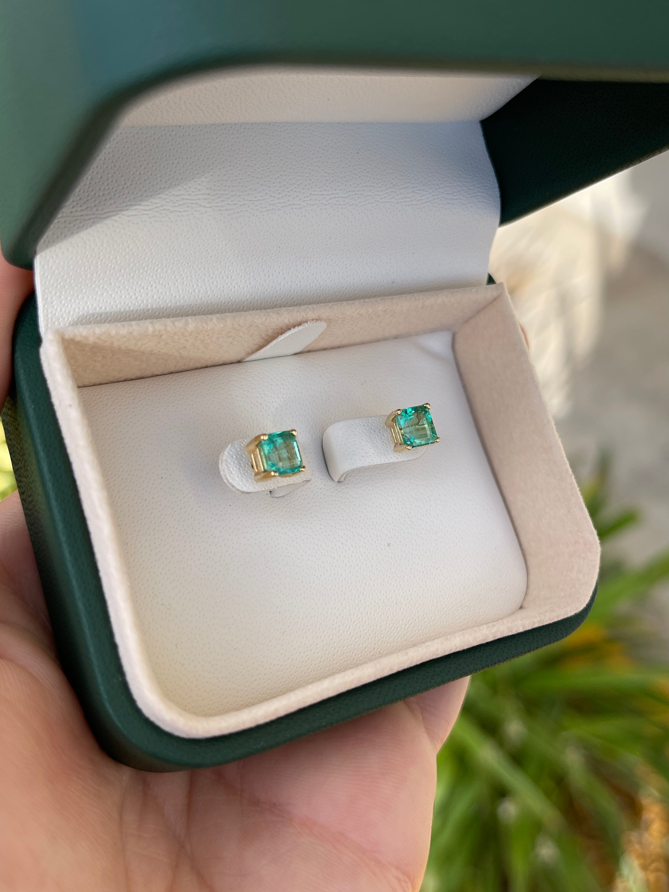 2.05tcw 5.5x5.5 Asscher Cut Emerald Screw Back Studs 14K - JR Colombian Emeralds