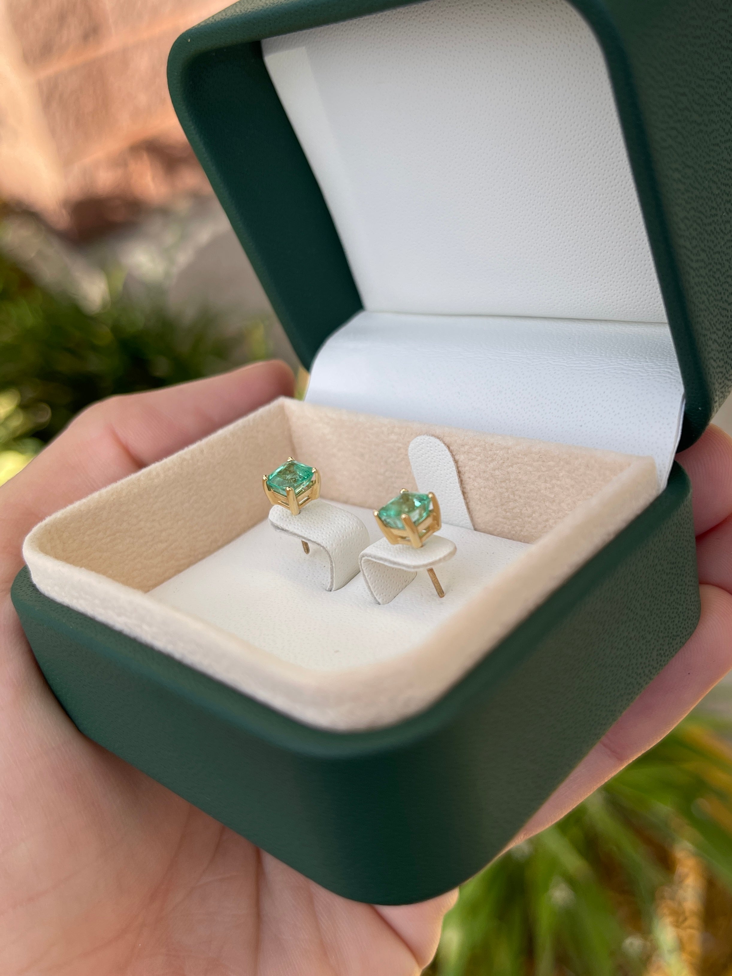 2.05tcw 5.5x5.5 Asscher Cut Emerald Screw Back Studs 14K - JR Colombian Emeralds