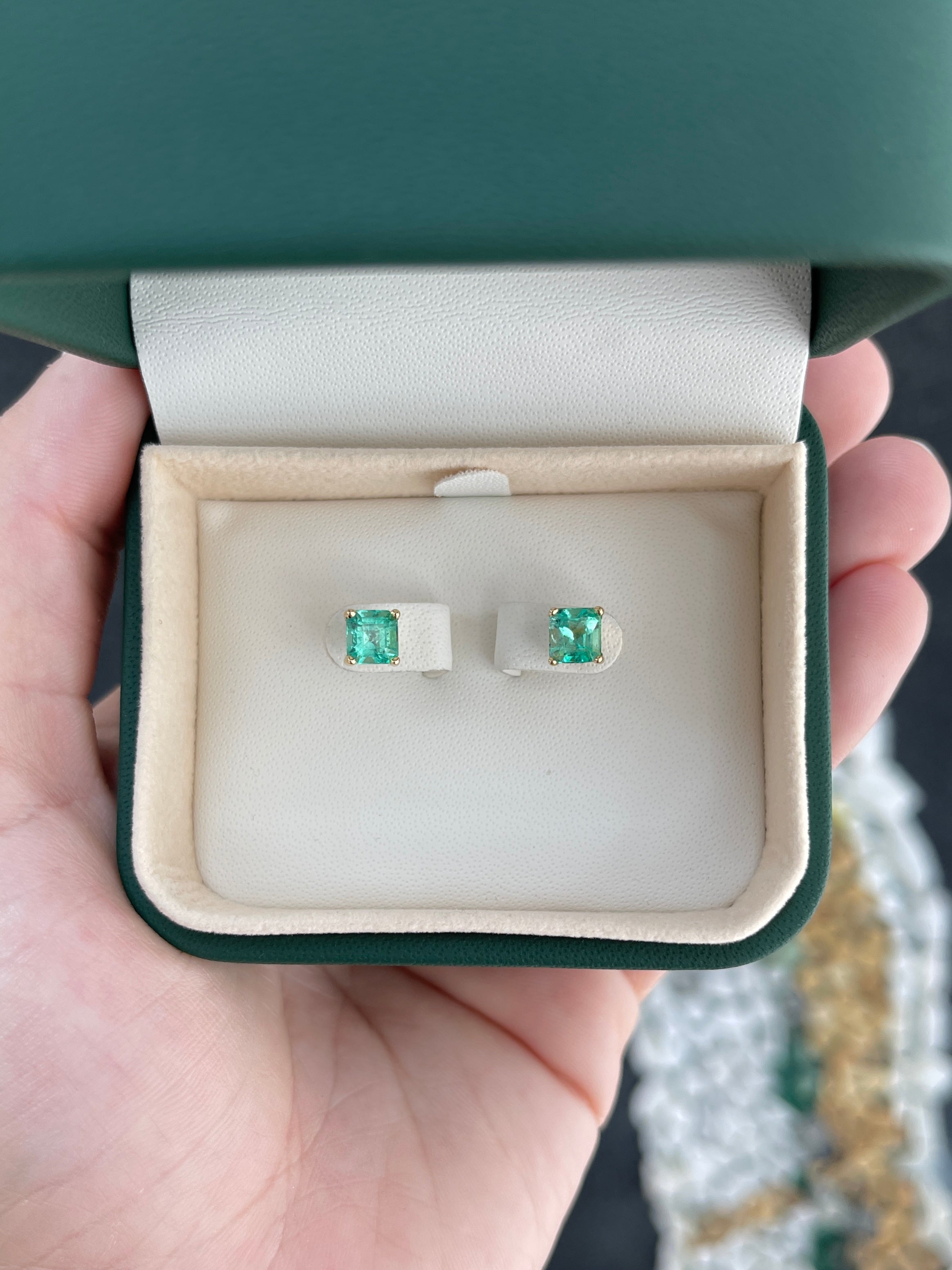 2.05tcw 5.5x5.5 Asscher Cut Emerald Screw Back Studs 14K - JR Colombian Emeralds