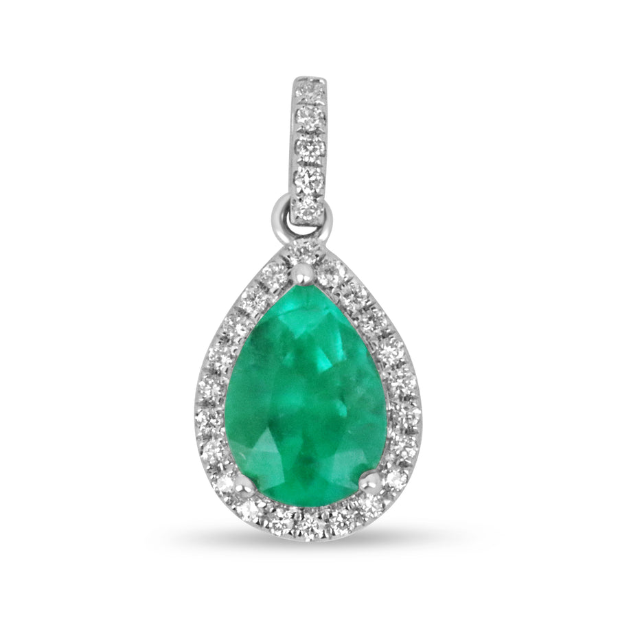 2.54tcw 18K Vivid Green Emerald Pear & Round Diamond White Gold Halo Pendant Media 1 of 9