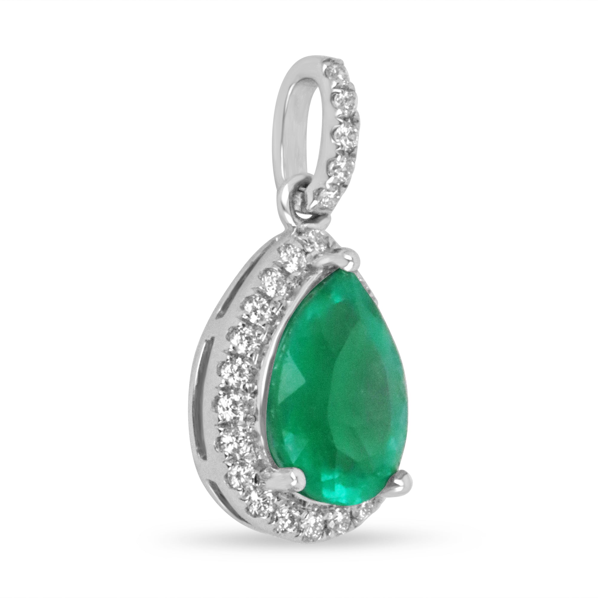 2.54tcw 18K Vivid Green Emerald Pear & Round Diamond White Gold Halo Pendant Media 1 of 9