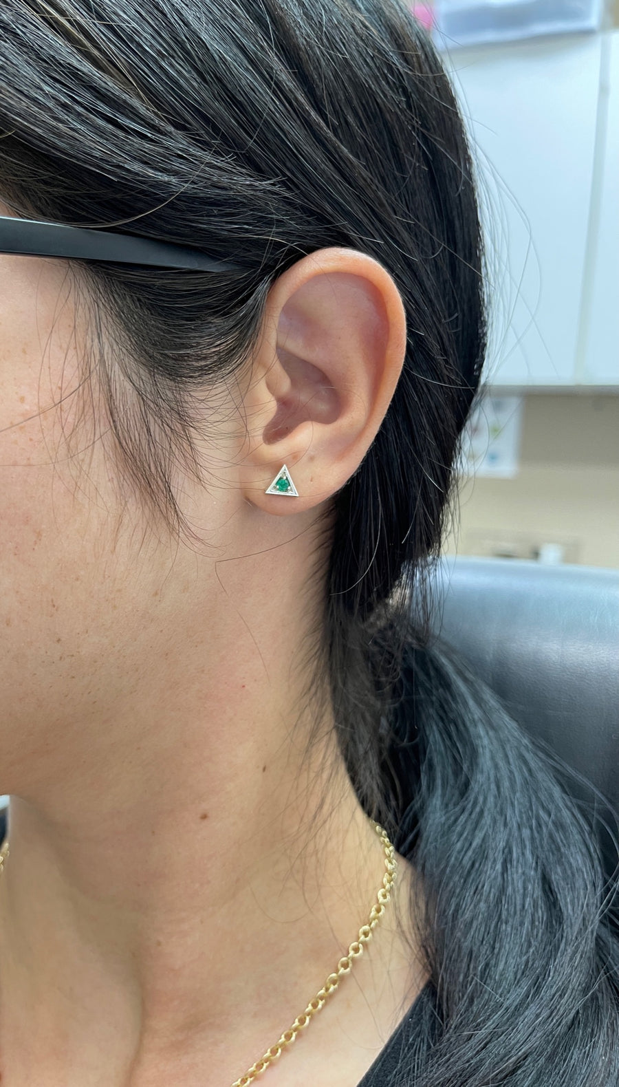 Triangle Emerald Stud Earrings Round Brilliant Cut