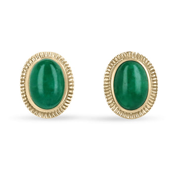 19.04tcw Large Jumbo Natural Emerald Cabochon Vintage Handmade Bezel Earrings 14K