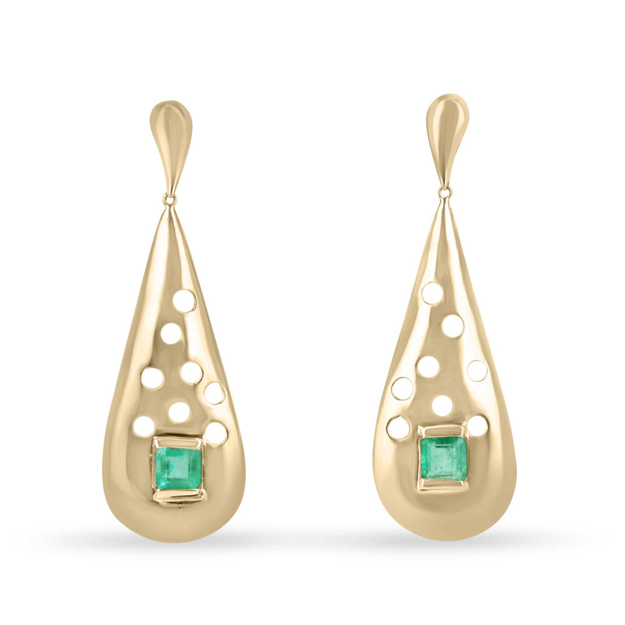 3.76tcw Hand Made Natural Square Cut Green Emerald Dangle Earrings 14K - JR Colombian Emeralds