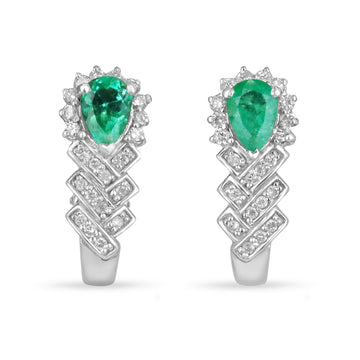 3.15tcw Tear Drop Colombian Emerald & Diamond Omega Earrings 14K