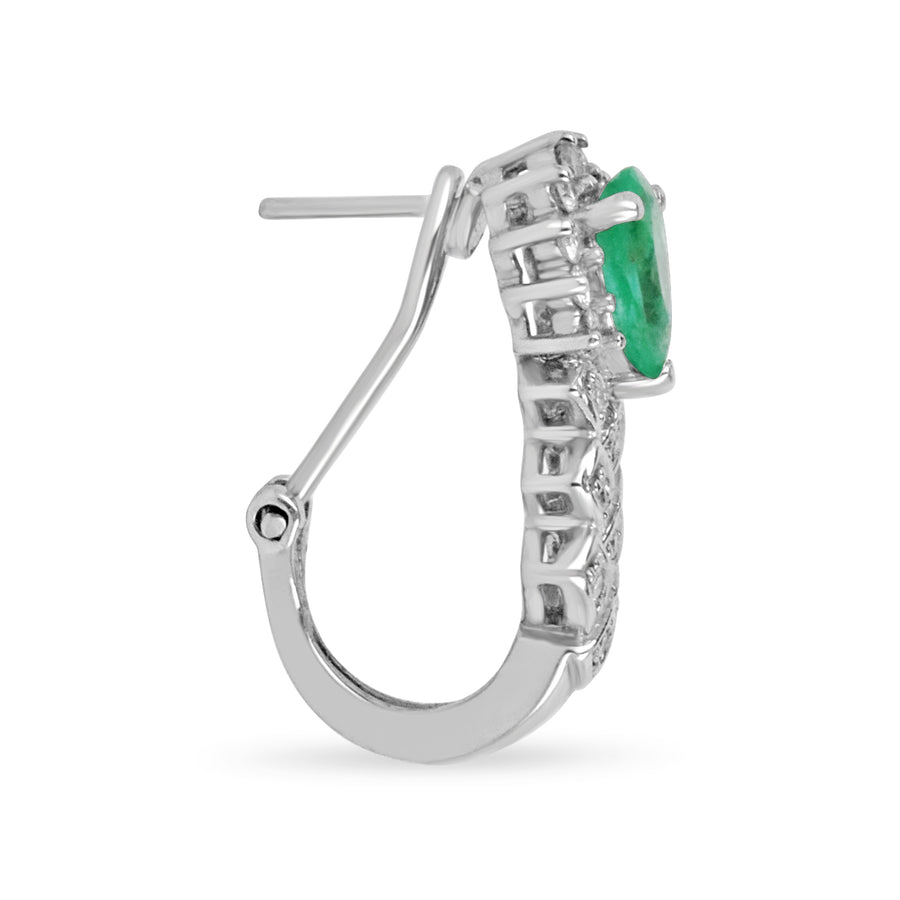 3.15tcw Tear Drop Colombian Emerald & Diamond Omega Earrings 14K