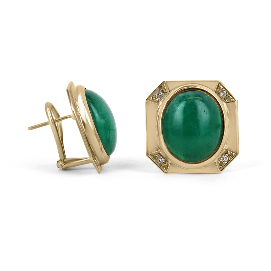 22tcw Statement Size Large Colombian Emerald Cabochon & Diamond Omega Bezel Earrings 14K