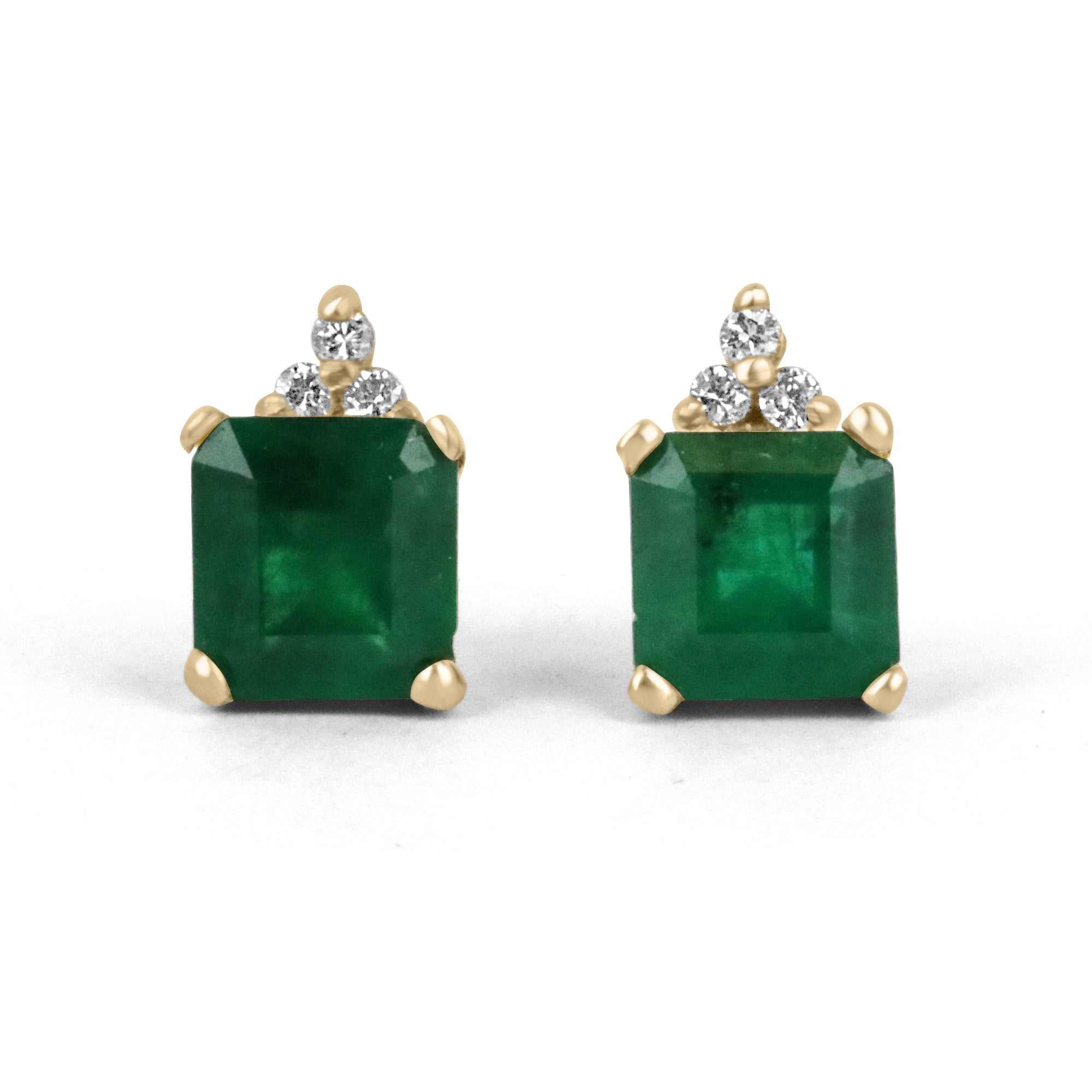 2.92tcw Square Cut Dark Green Emerald & 3 Stone Diamond Accent Stud Earrings 14K - JR Colombian Emeralds