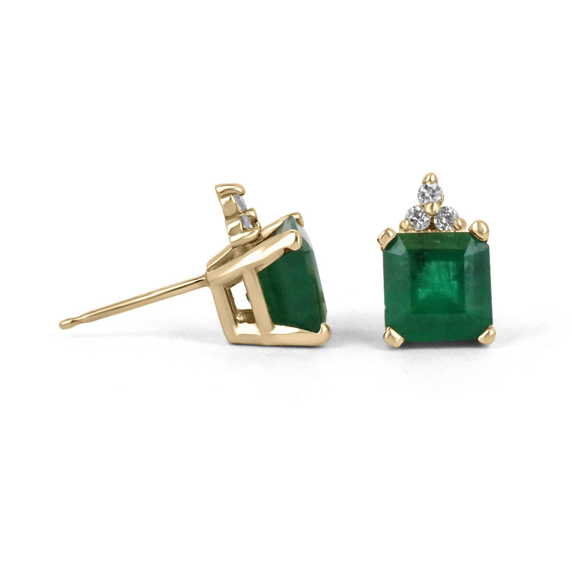 2.92tcw Square Cut Dark Green Emerald & 3 Stone Diamond Accent Stud Earrings 14K - JR Colombian Emeralds