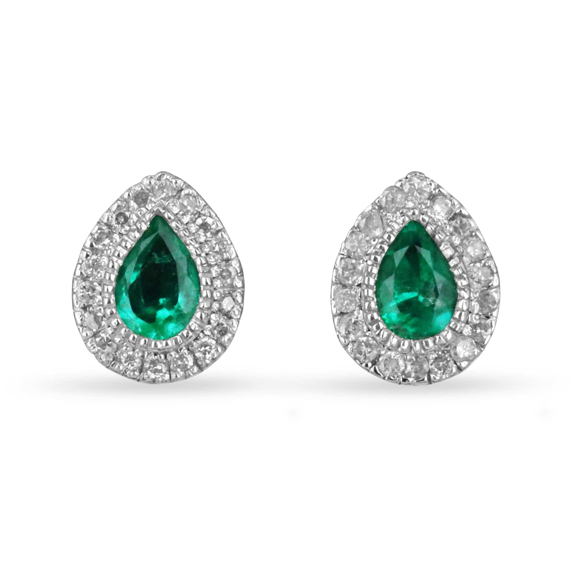 2.50tcw Pear Emerald & Diamond Halo White Gold Studs 14K - JR Colombian Emeralds