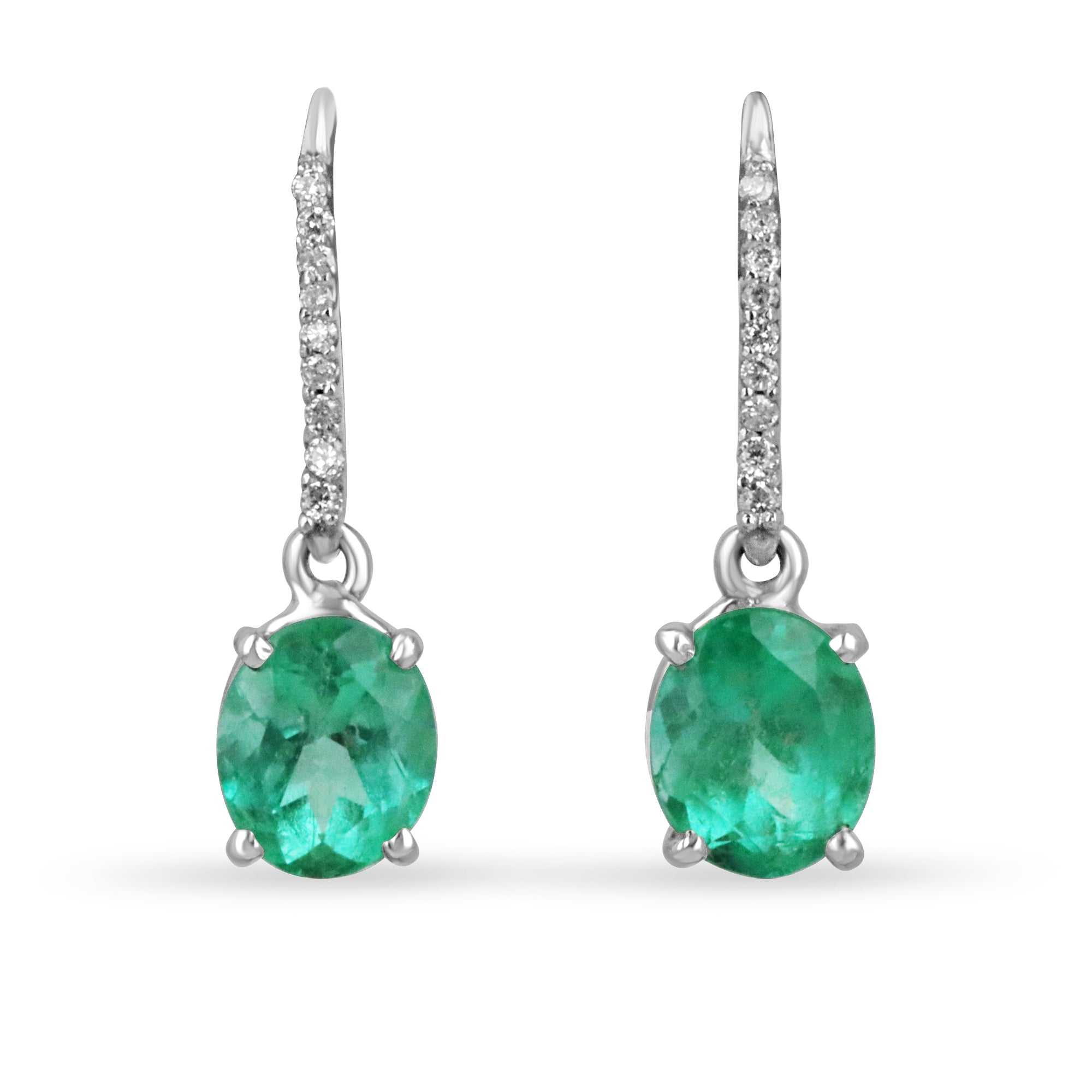 4.25tcw Fine Quality Vivid Green Colombian Emerald Oval & Diamond Dangle Earrings 14K - JR Colombian Emeralds