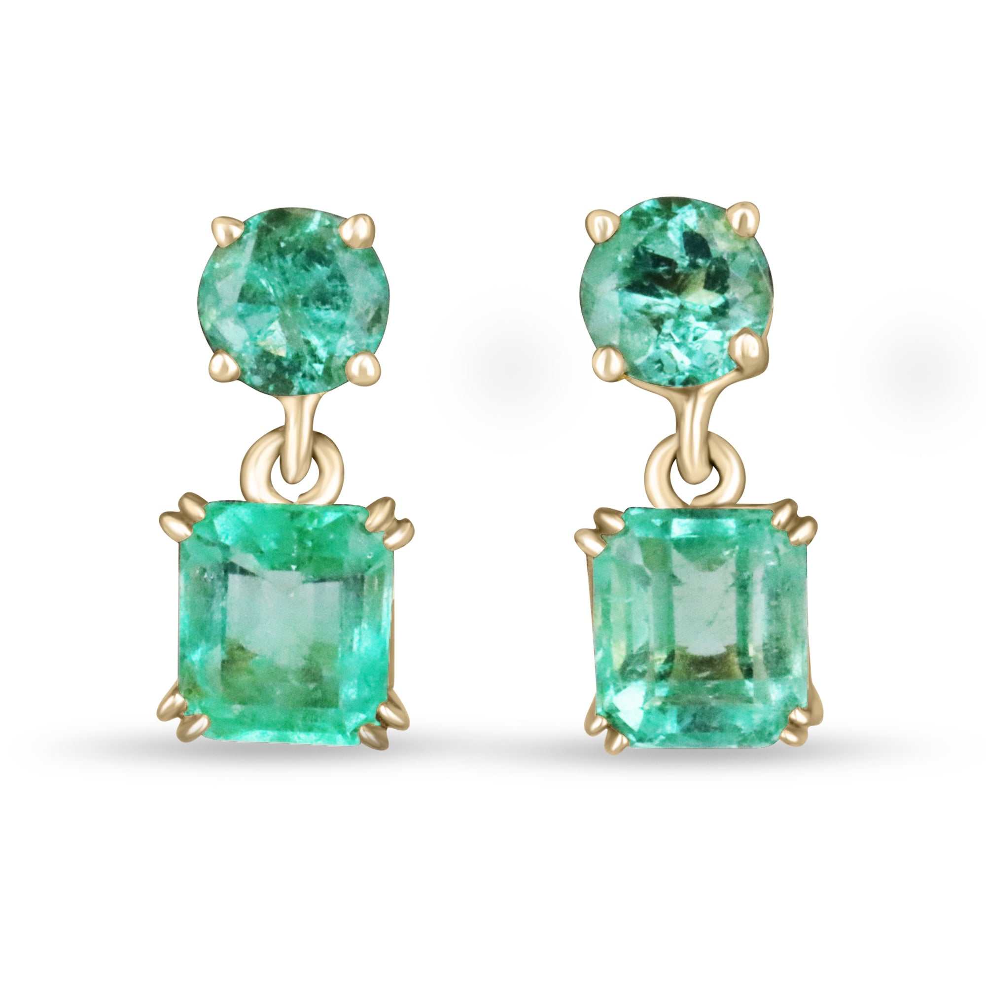 3.20tcw Natural Rich Green Emerald Asscher and Round Dangle Stud Earrings 14K - JR Colombian Emeralds