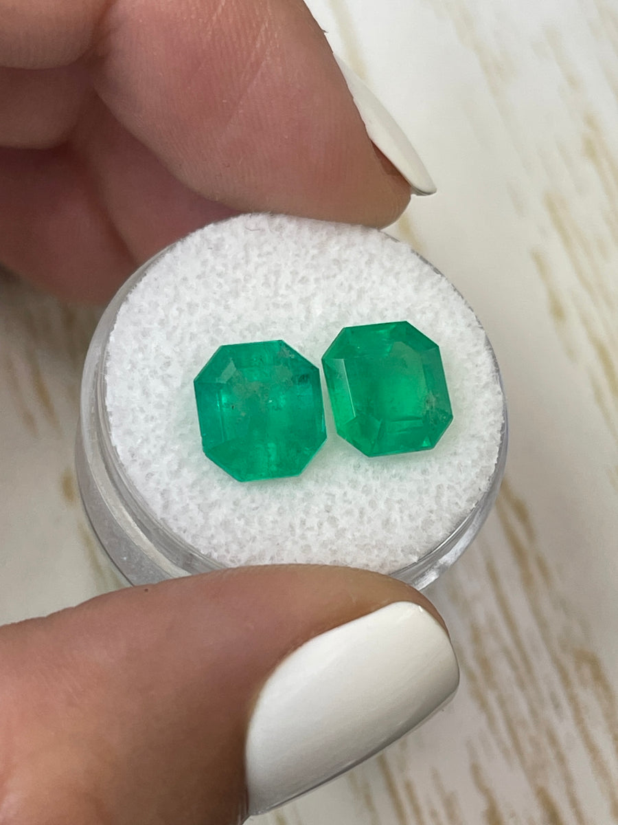 9x9 Loose Colombian Emeralds - Matched Pair, Asscher Cut, 5.87 tcw