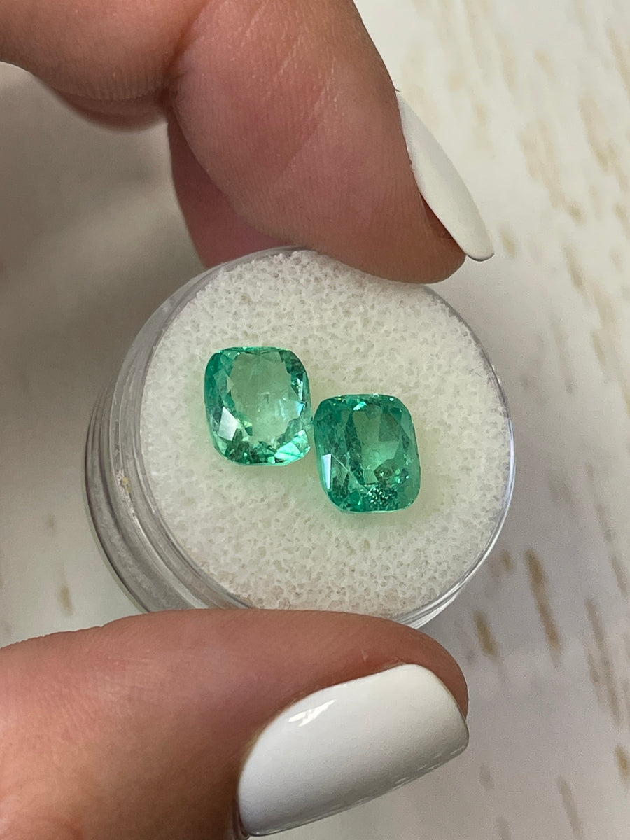 Exquisite Natural Colombian Emeralds - 5.27 Total Carat Weight, 9x7 Cushion Cut, Light Bluish Green