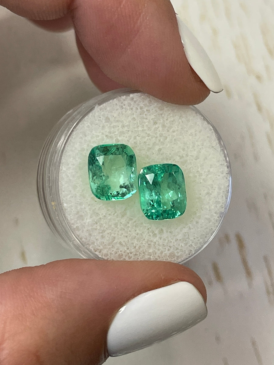 Radiant Light Bluish Green Loose Colombian Emeralds - 9x7 Cushion Cut, 5.27 Carat Total Weight