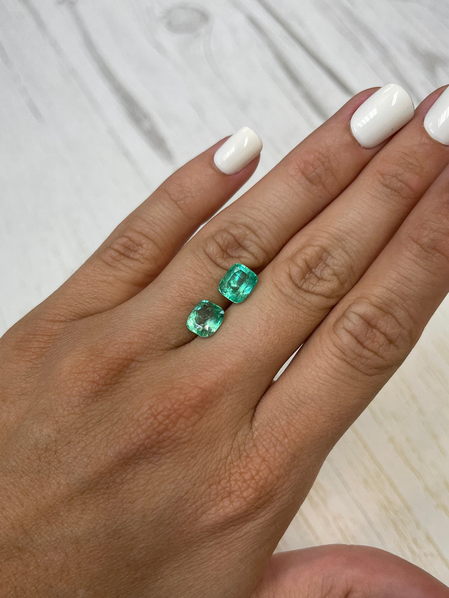 5.27tcw 9x7 Matching Light Bluish Green Natural Loose Colombian Emeralds-Cushion Cut