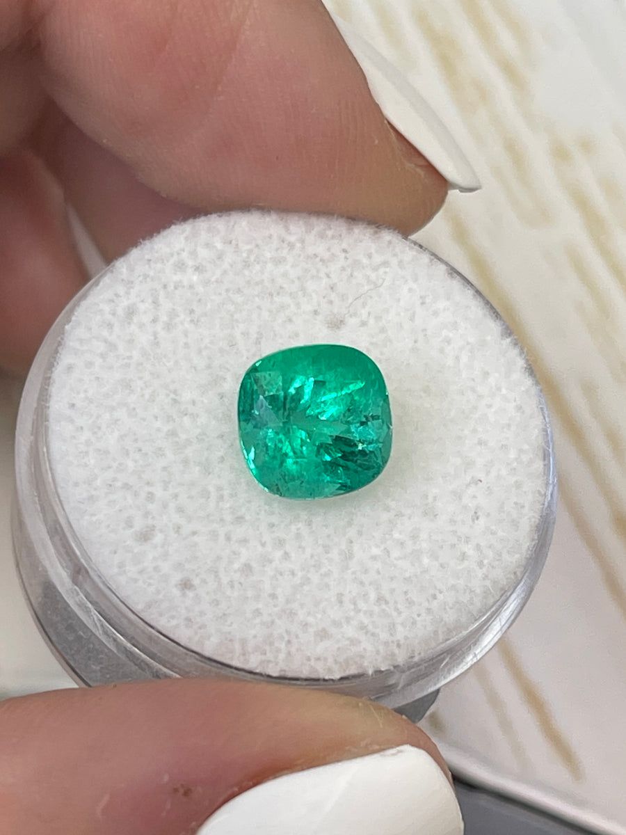 Vivid Bluish Green Colombian Emerald - 2.60 Carat Cushion Cut Gemstone