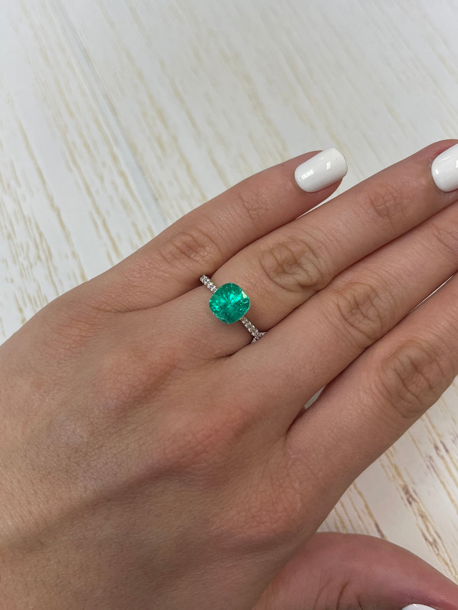 2.60 Carat 8x8 Vivid Bluish Green Natural Loose Colombian Emerald-Cushion Cut