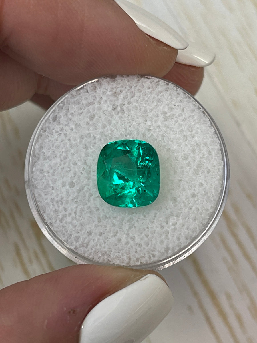 Cushion-Cut 3.46 Carat Colombian Emerald - Bright Green, 9.5x9 Size