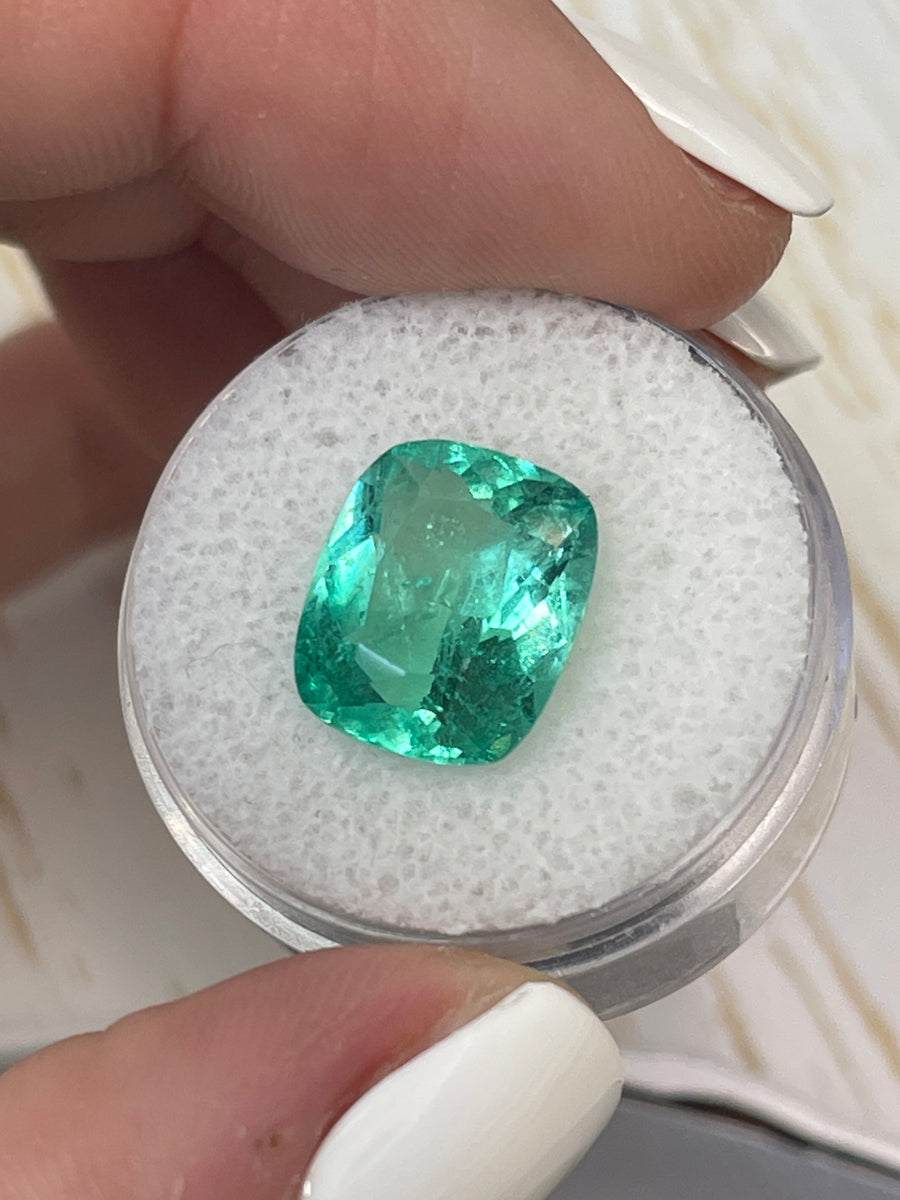 5.56 Carat Cushion-Cut Colombian Emerald - Gorgeous Minty Bluish Green Stone
