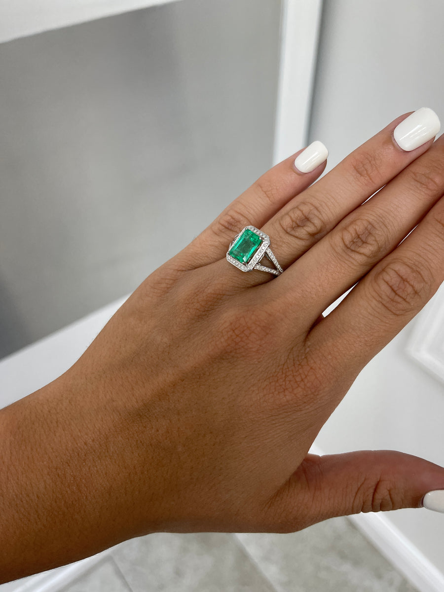 5.0tcw Emerald & Diamond Halo Split Shank Engagement Ring 18K