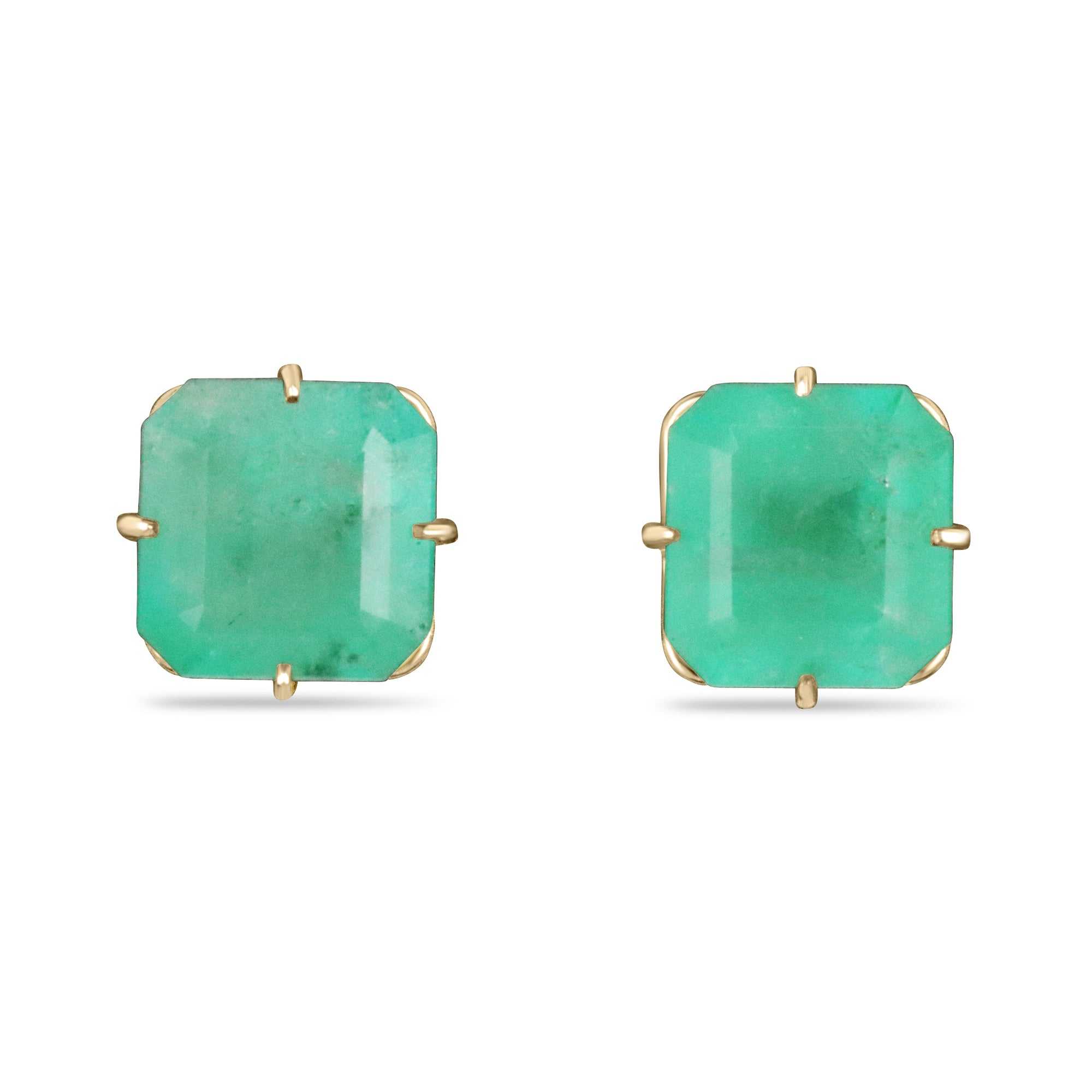 5.57tcw Off Set Four Prong Colombian Emerald Stud Earrings 14K - JR Colombian Emeralds