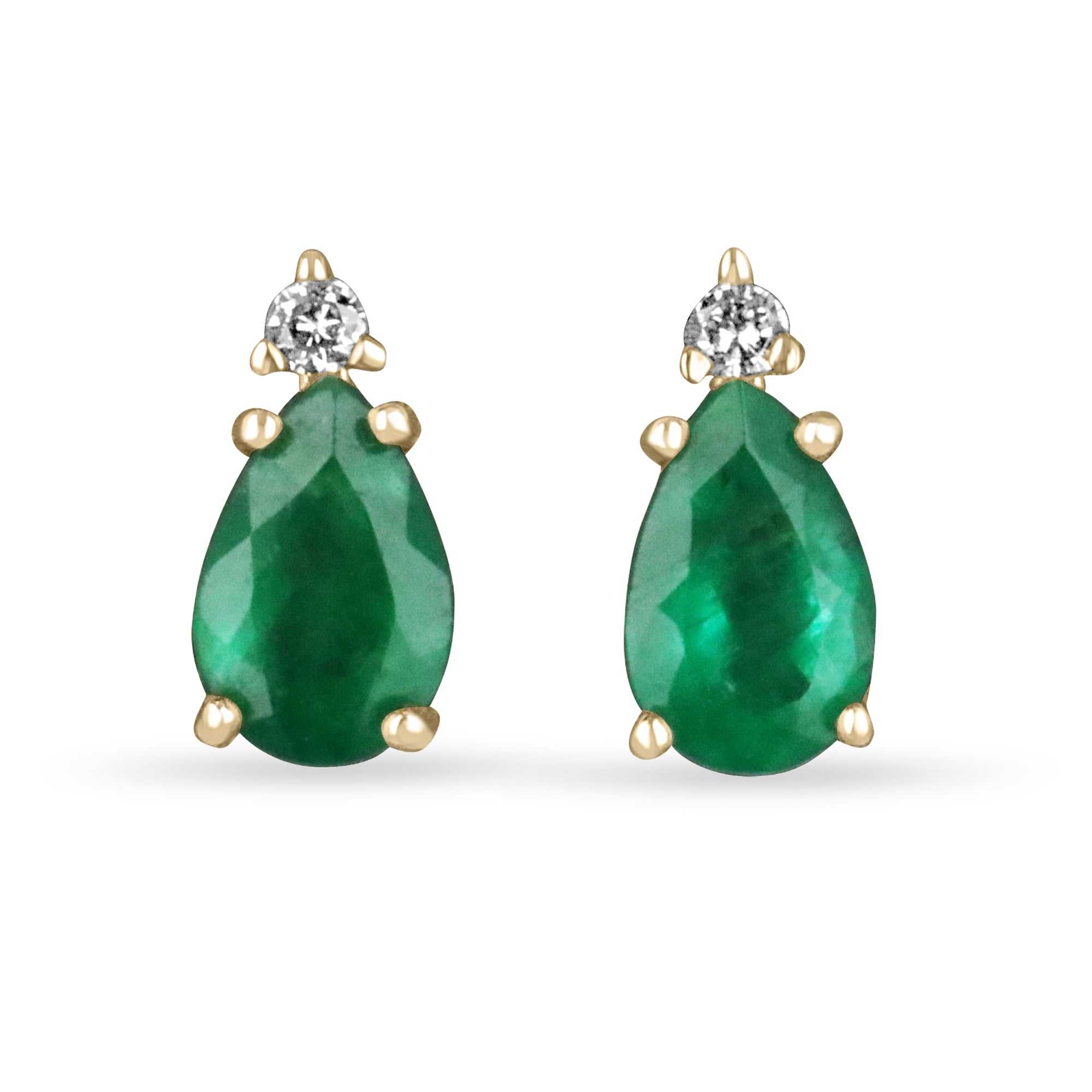 1.66tcw Tear Drop Natural Emerald & Diamond Stud Earrings 14K - JR Colombian Emeralds