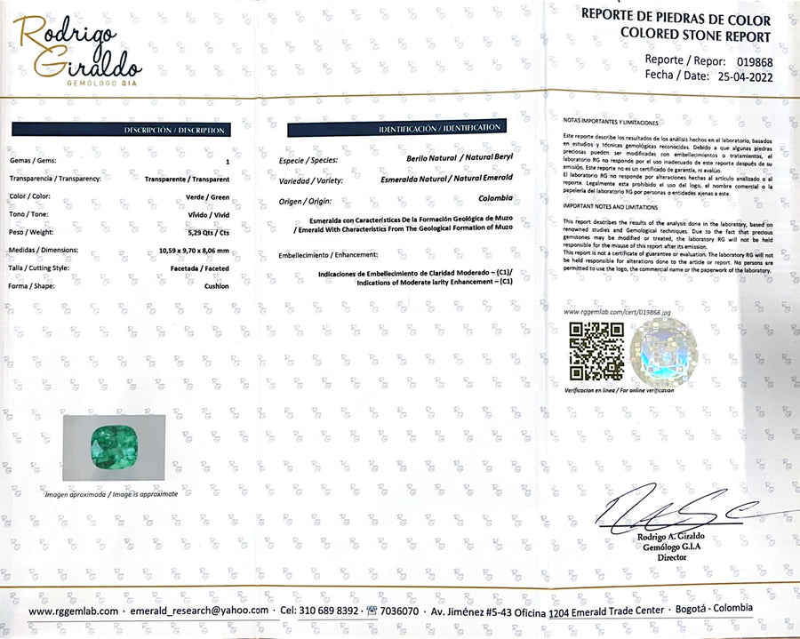 5.29 Carat Certified 10.5 x 9.7 Bluish Natural Loose Colombian Emerald-Cushion Cut