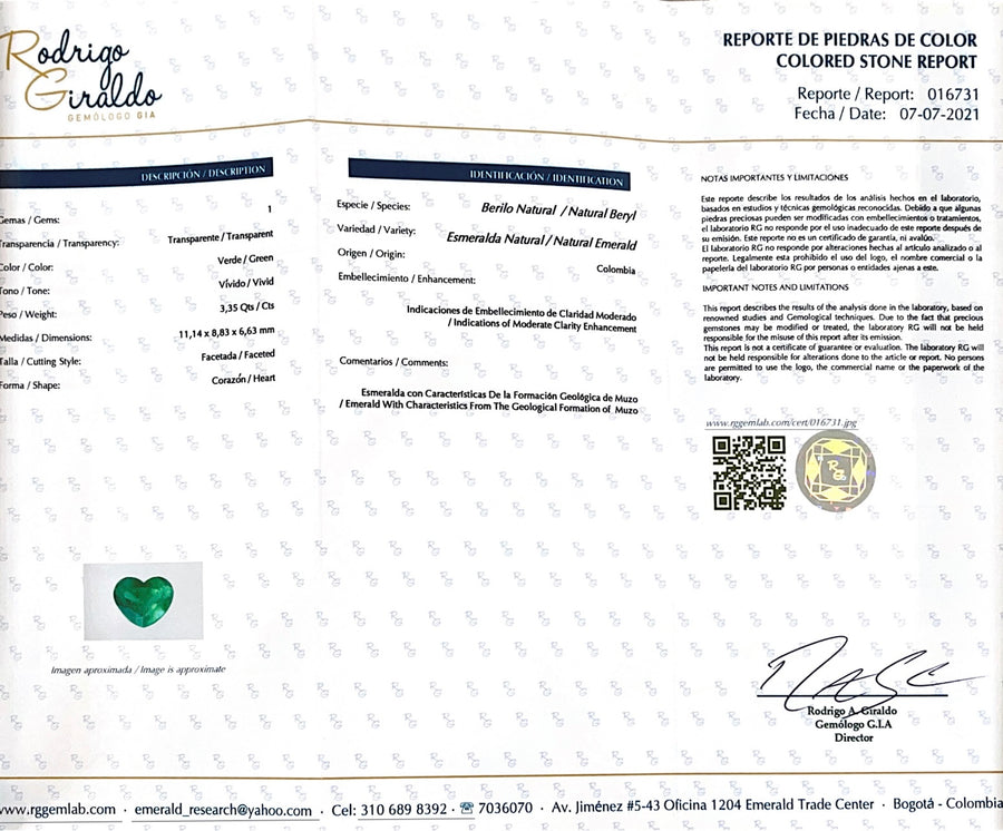 Heart Cut 3.35 Carat Colombian Emerald - Certified Vivid Green Gem