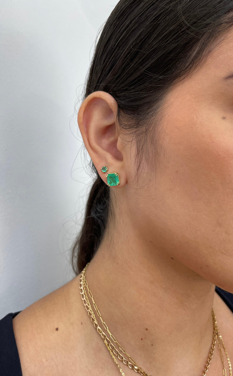 4.87tcw 14K Colombian Emerald Asscher Cut Double Prong Stud Earrings