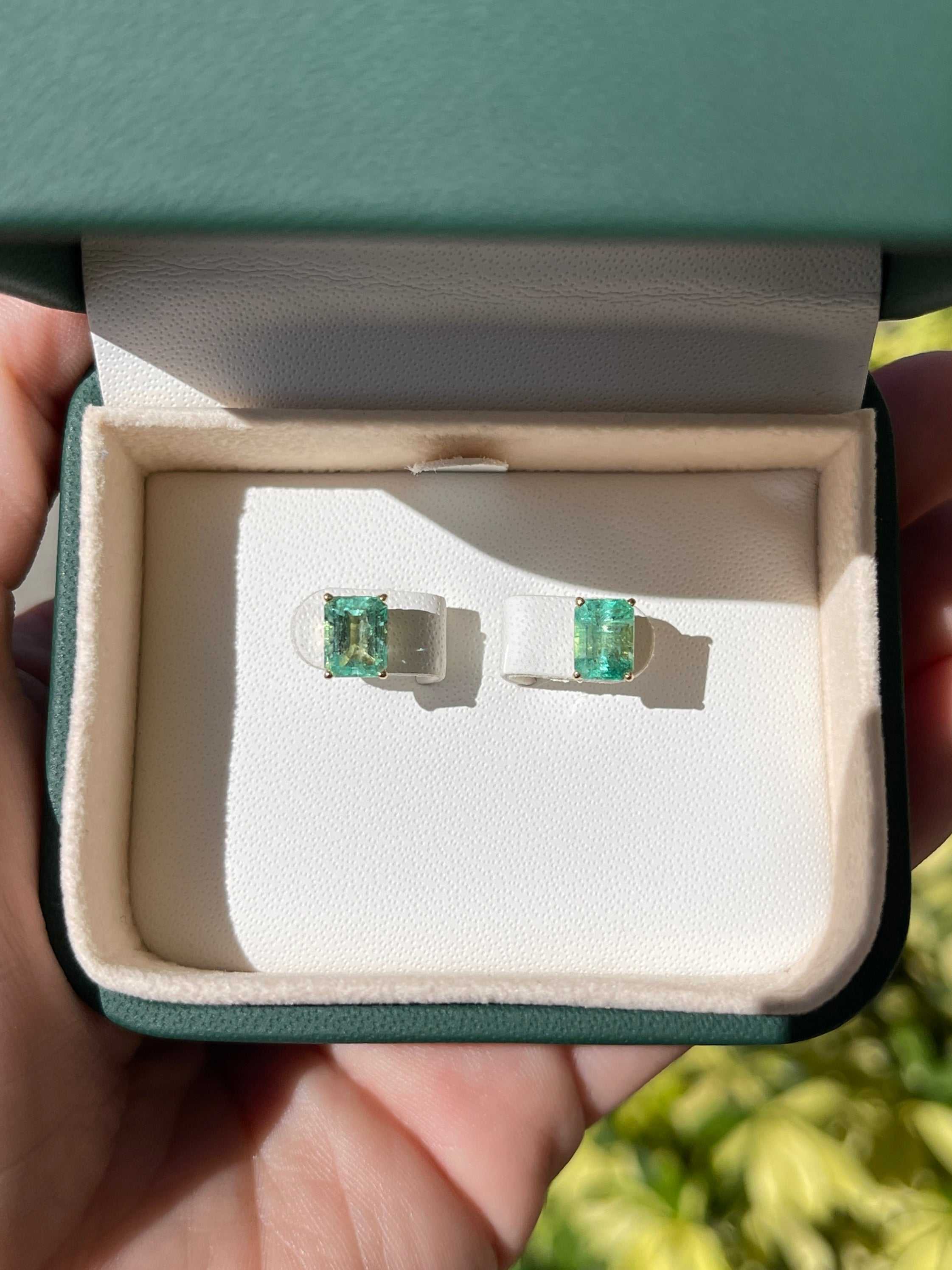 1.80tcw Elongated Emerald Cut Spring Green Fluer-De-Lis Emerald Stud Earrings 14K - JR Colombian Emeralds