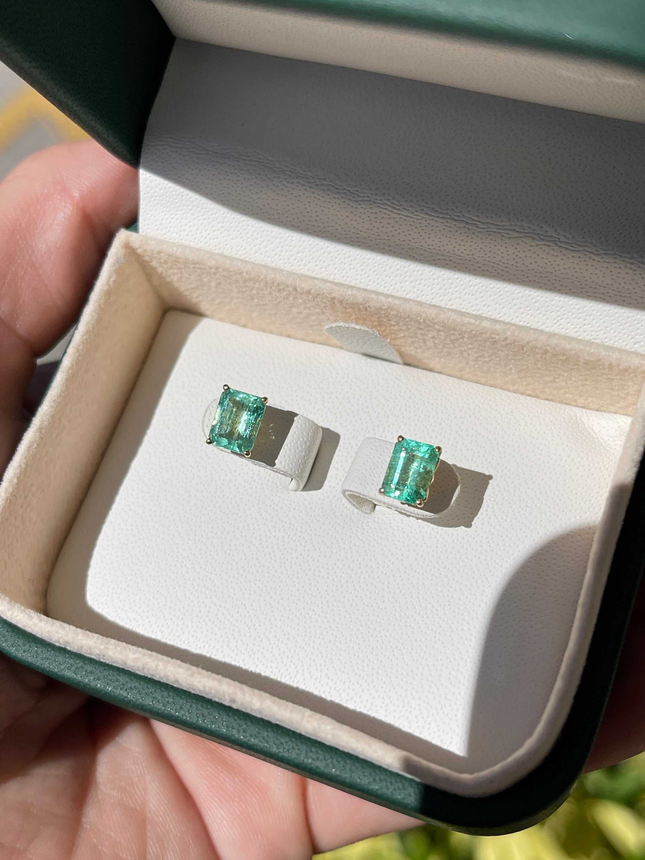 1.80tcw Elongated Emerald Cut Spring Green Fluer-De-Lis Emerald Stud Earrings 14K - JR Colombian Emeralds