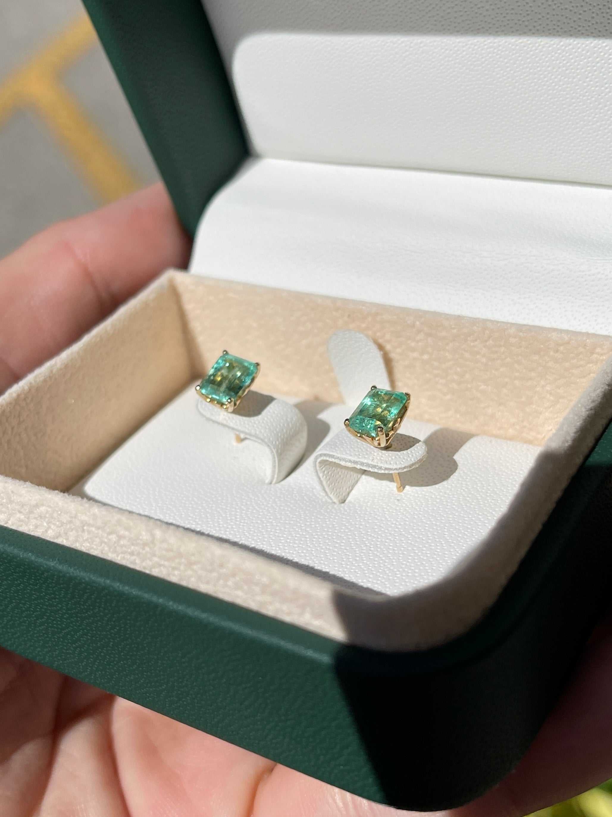 1.80tcw Elongated Emerald Cut Spring Green Fluer-De-Lis Emerald Stud Earrings 14K - JR Colombian Emeralds