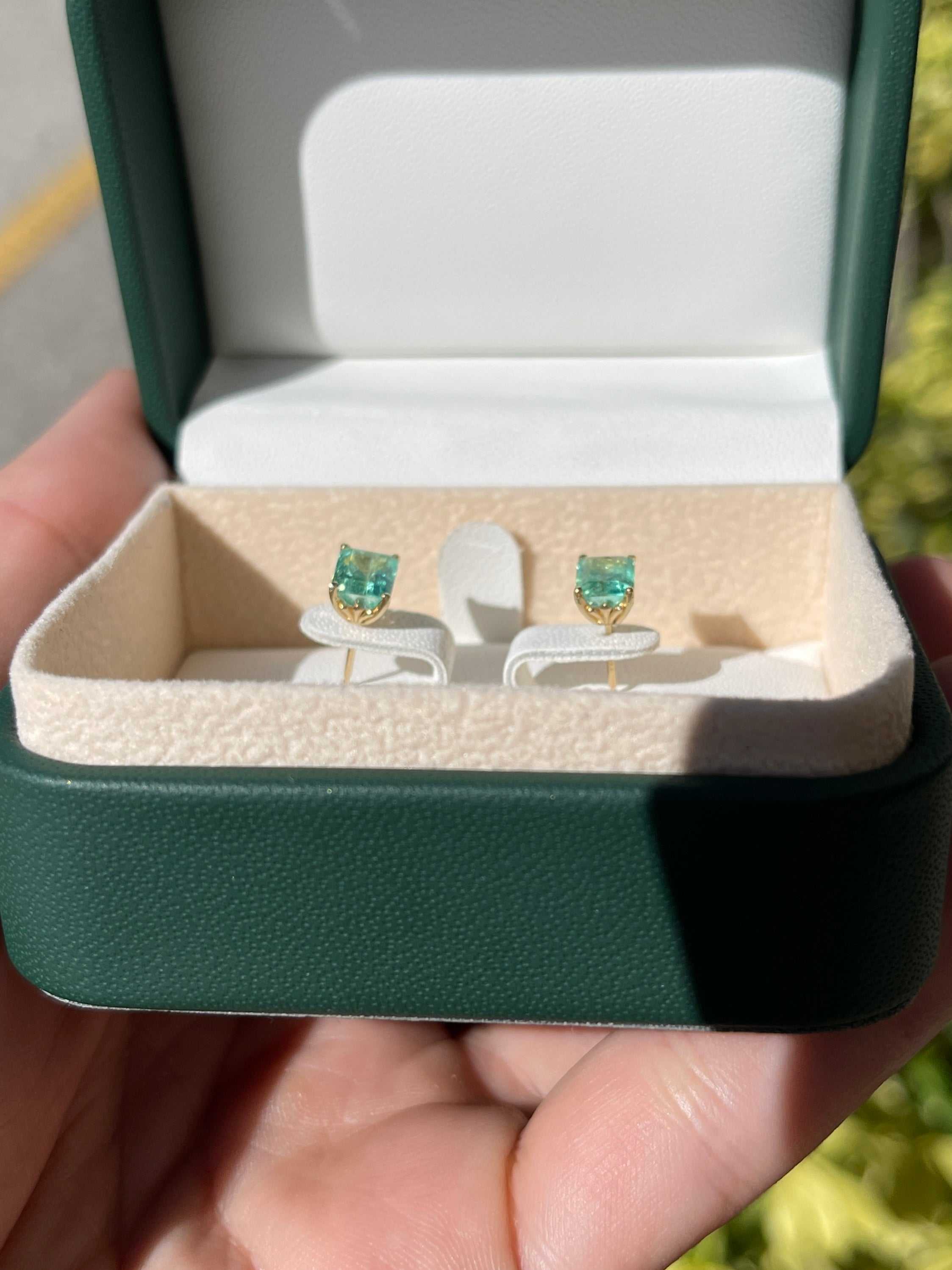 1.80tcw Elongated Emerald Cut Spring Green Fluer-De-Lis Emerald Stud Earrings 14K - JR Colombian Emeralds