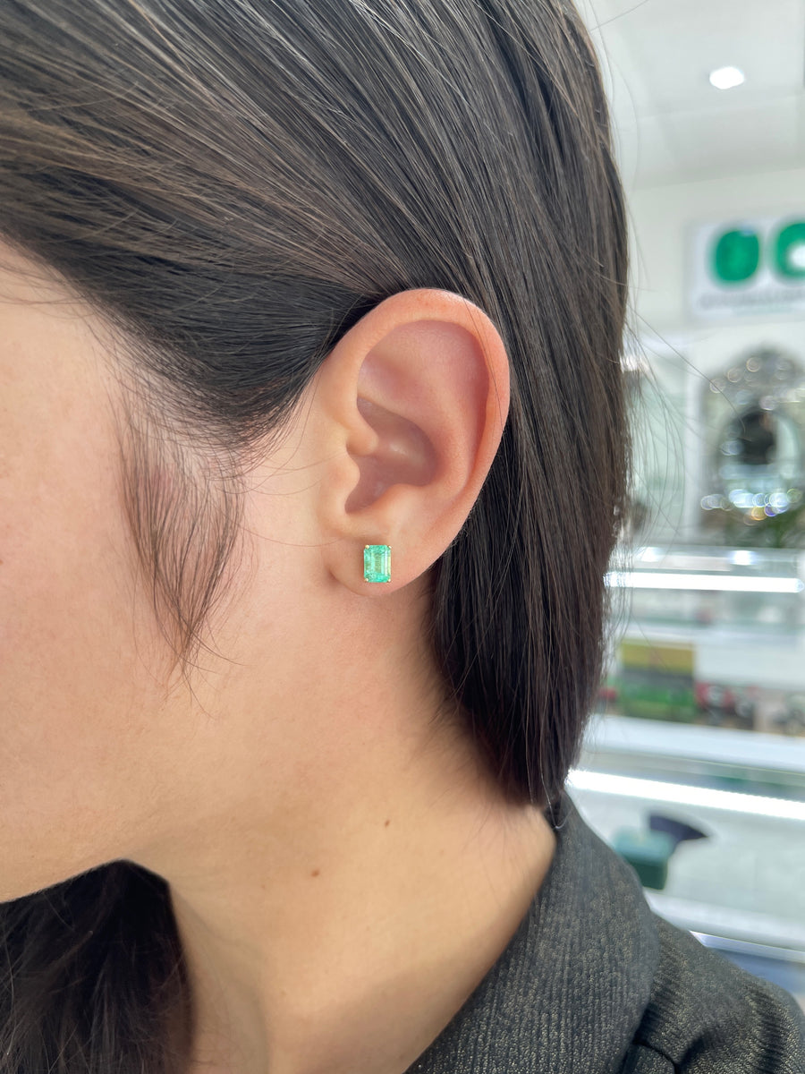 1.80tcw Elongated Emerald Cut Spring Green Fluer-De-Lis Emerald Stud Earrings 14K
