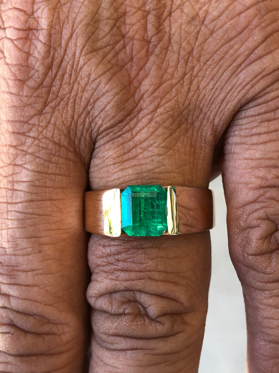 Emerald Cut Vivid Green Solitaire Men's Ring 14K
