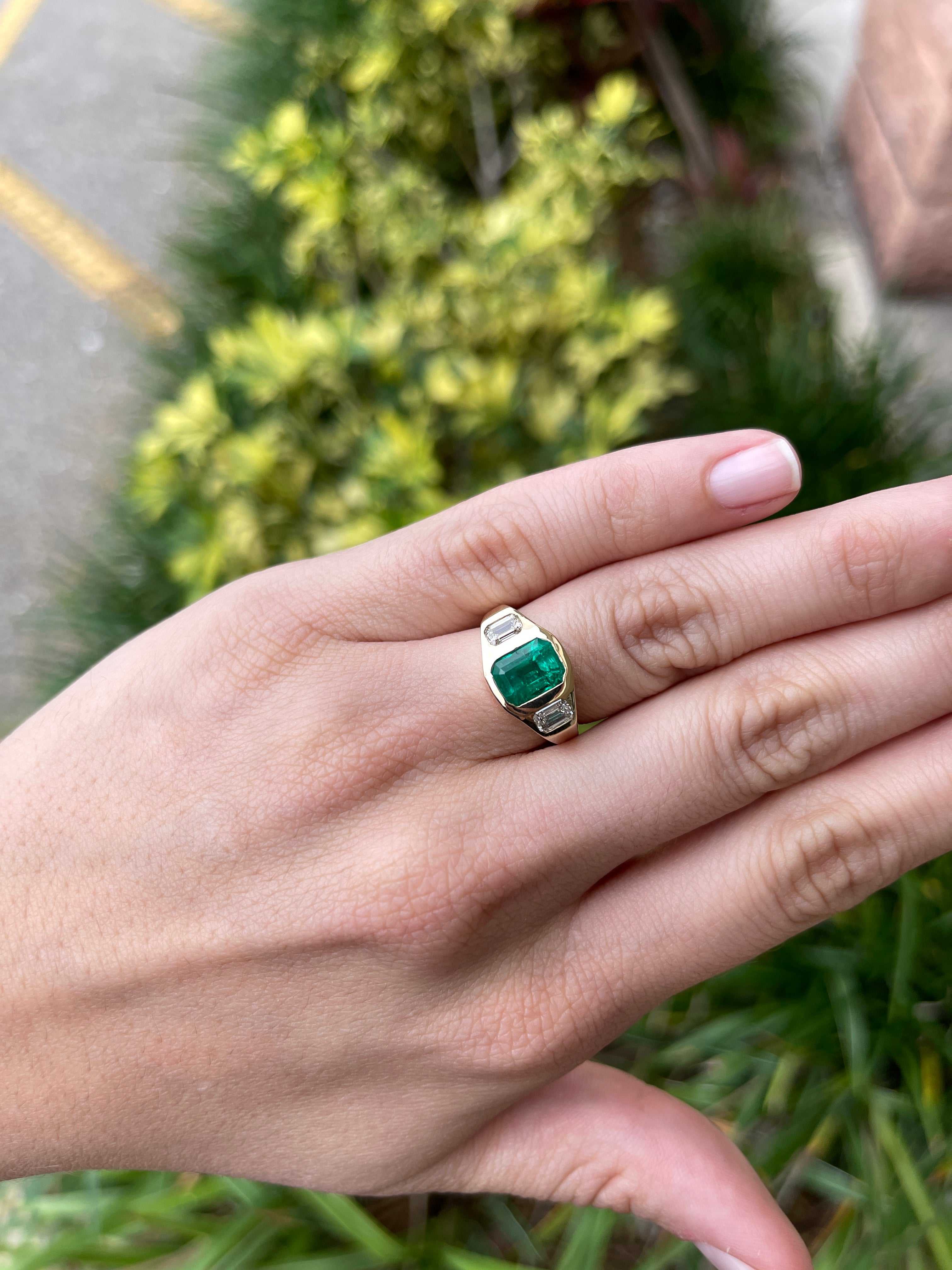 18K Three Stone 2.68tcw Dark Green Emerald & Emerald Cut Diamond Gypsy Bezel Ring - JR Colombian Emeralds