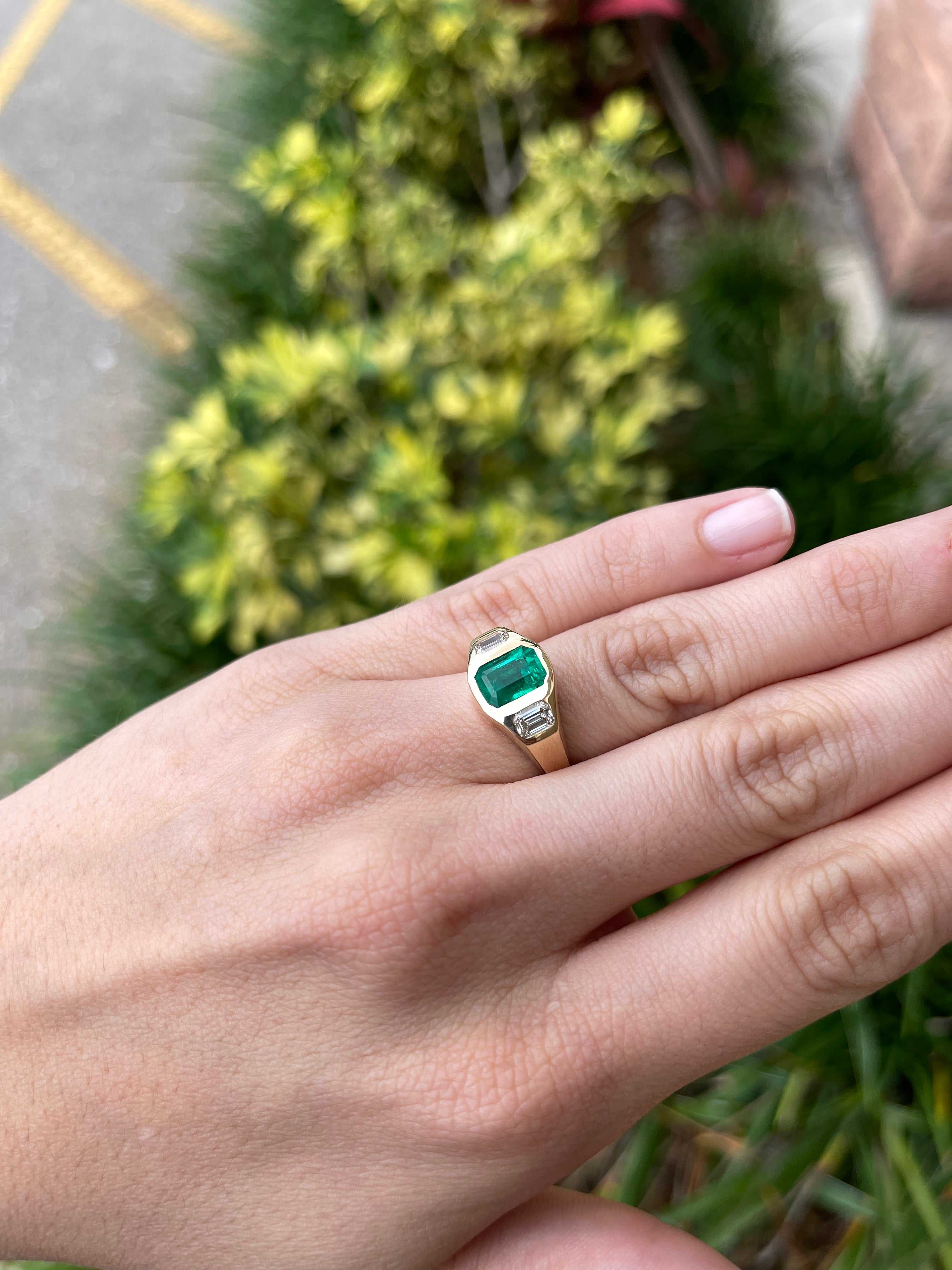 18K Three Stone 2.68tcw Dark Green Emerald & Emerald Cut Diamond Gypsy Bezel Ring - JR Colombian Emeralds