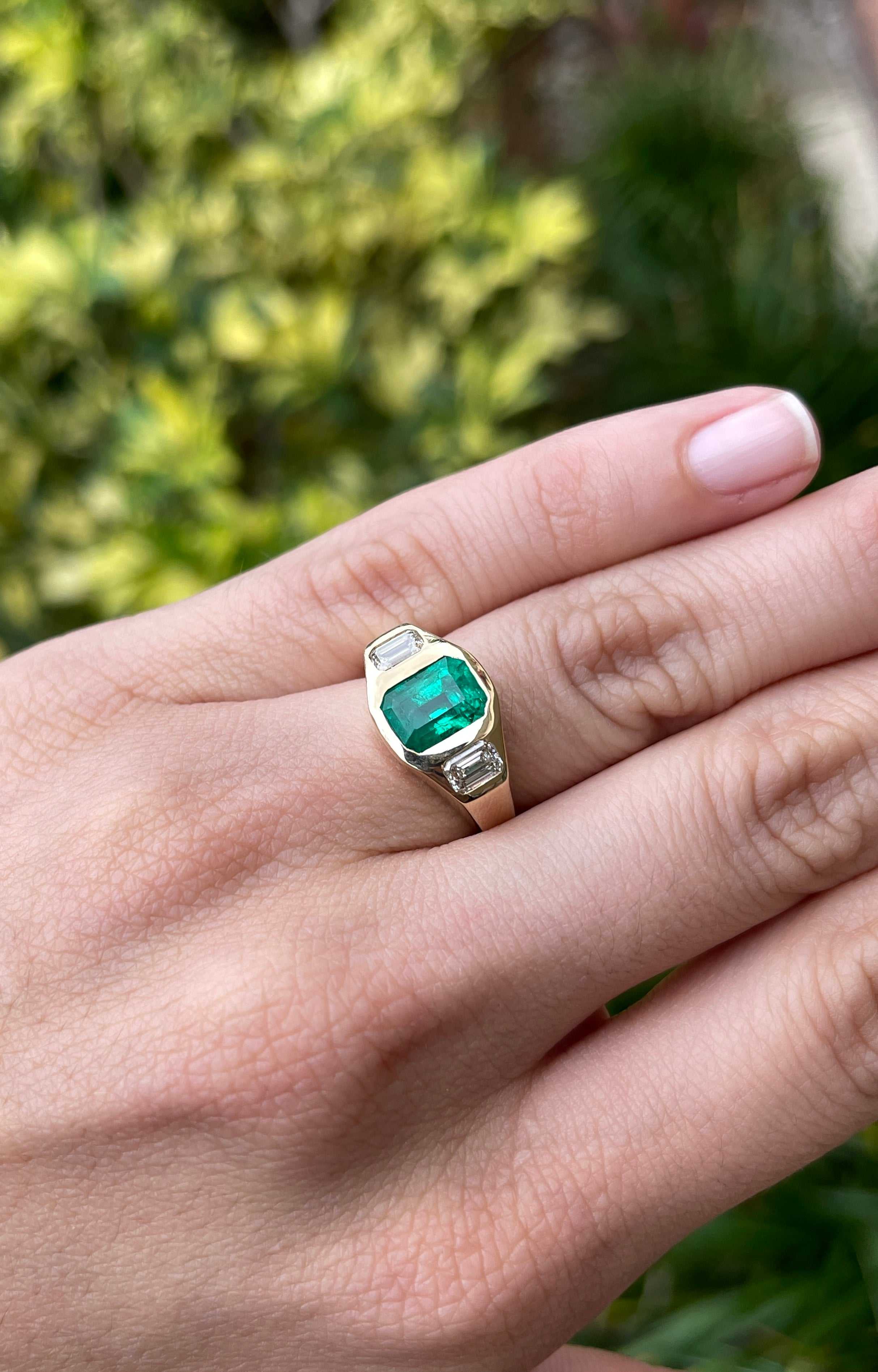 18K Three Stone 2.68tcw Dark Green Emerald & Emerald Cut Diamond Gypsy Bezel Anniversary Ring 