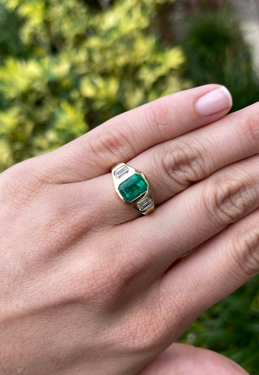 18K 3 Stone 2.68tcw Dark Vivid Green Emerald & Emerald Cut Diamond Gypsy Bezel Ring