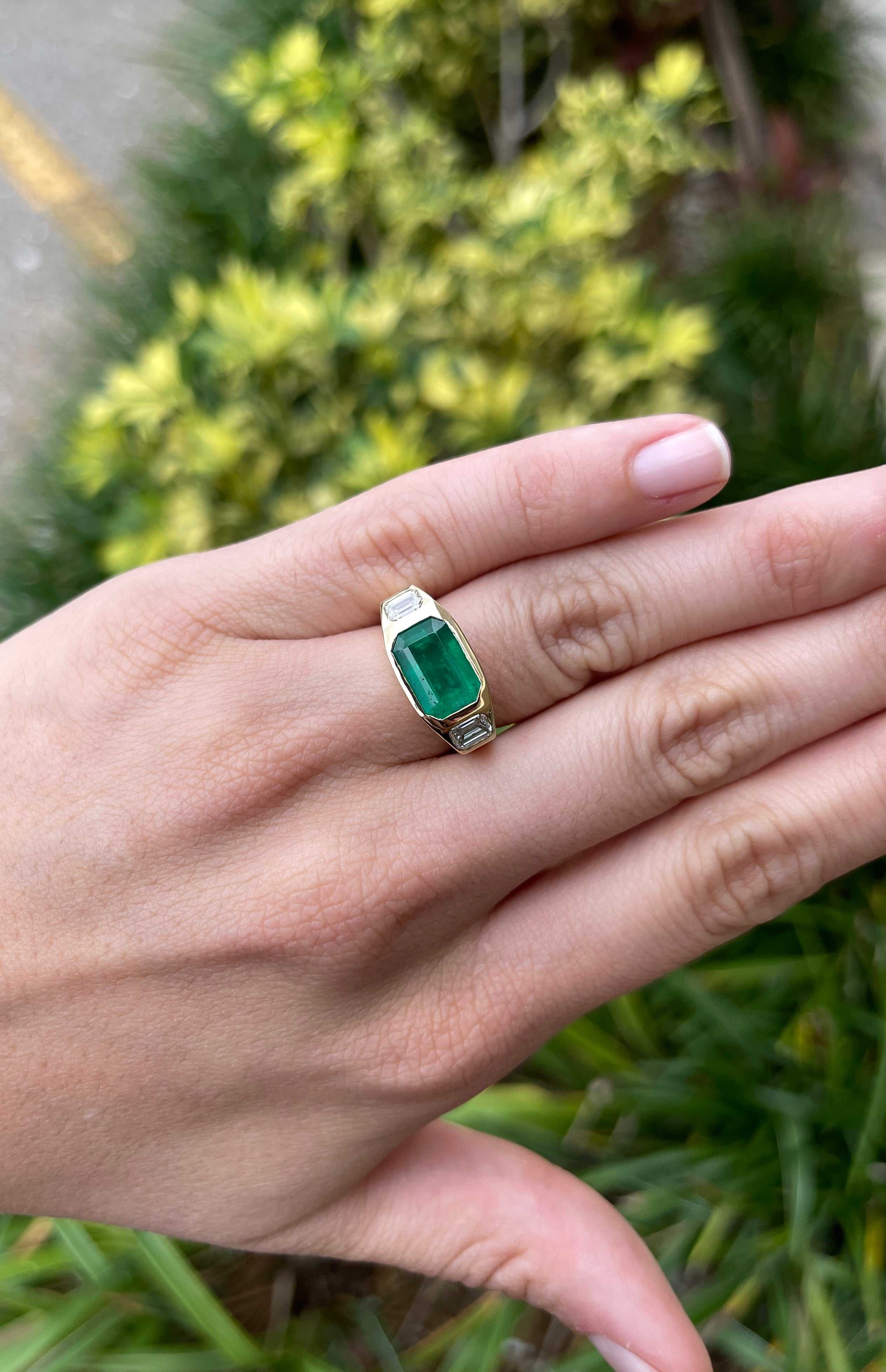 4.50tcw 18K E-W Three Stone Emerald & Emerald Cut Diamond Gypsy Ring - JR Colombian Emeralds