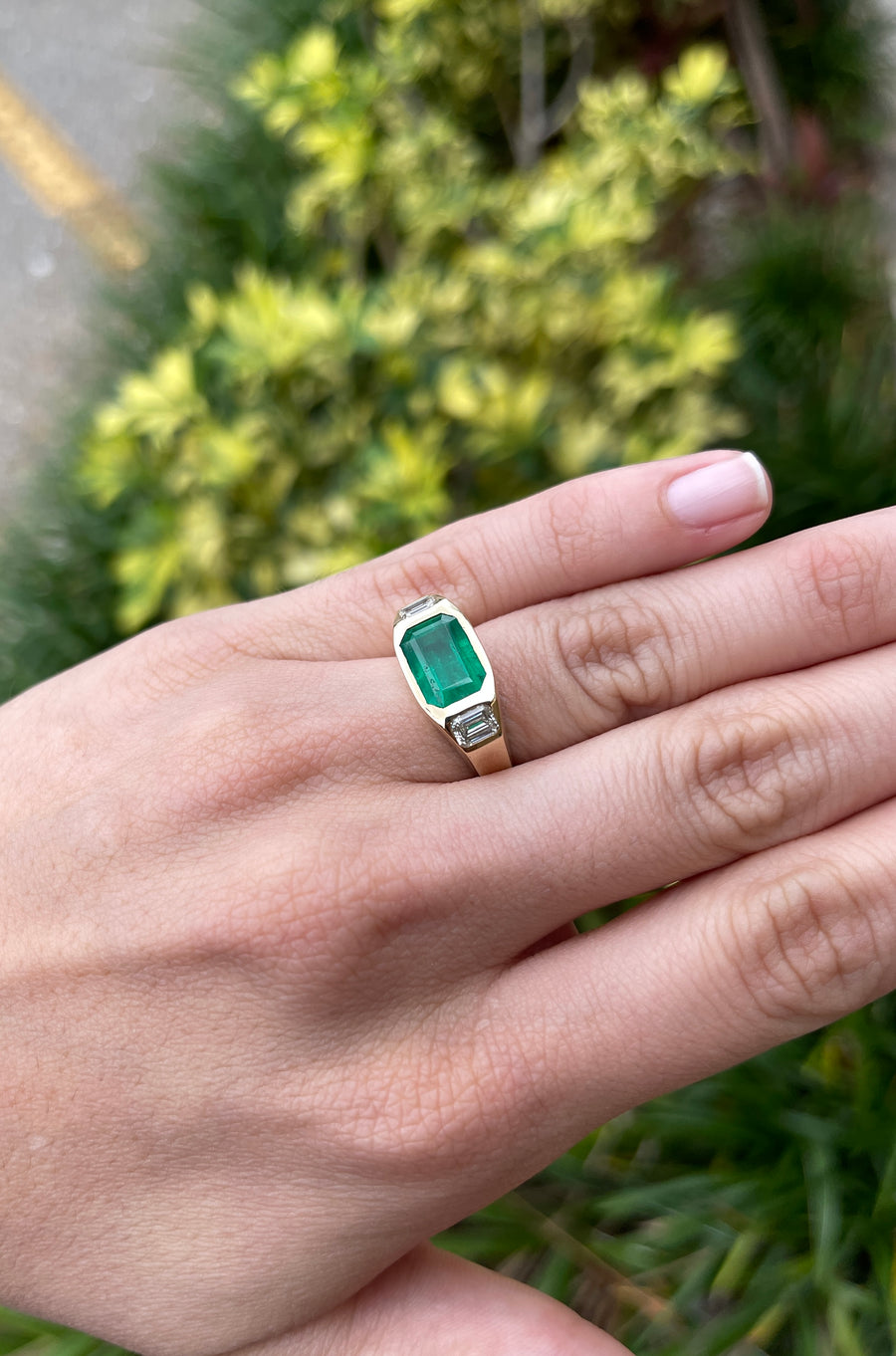 4.50tcw 18K E-W Three Stone Emerald & Emerald Cut Diamond Gypsy Ring