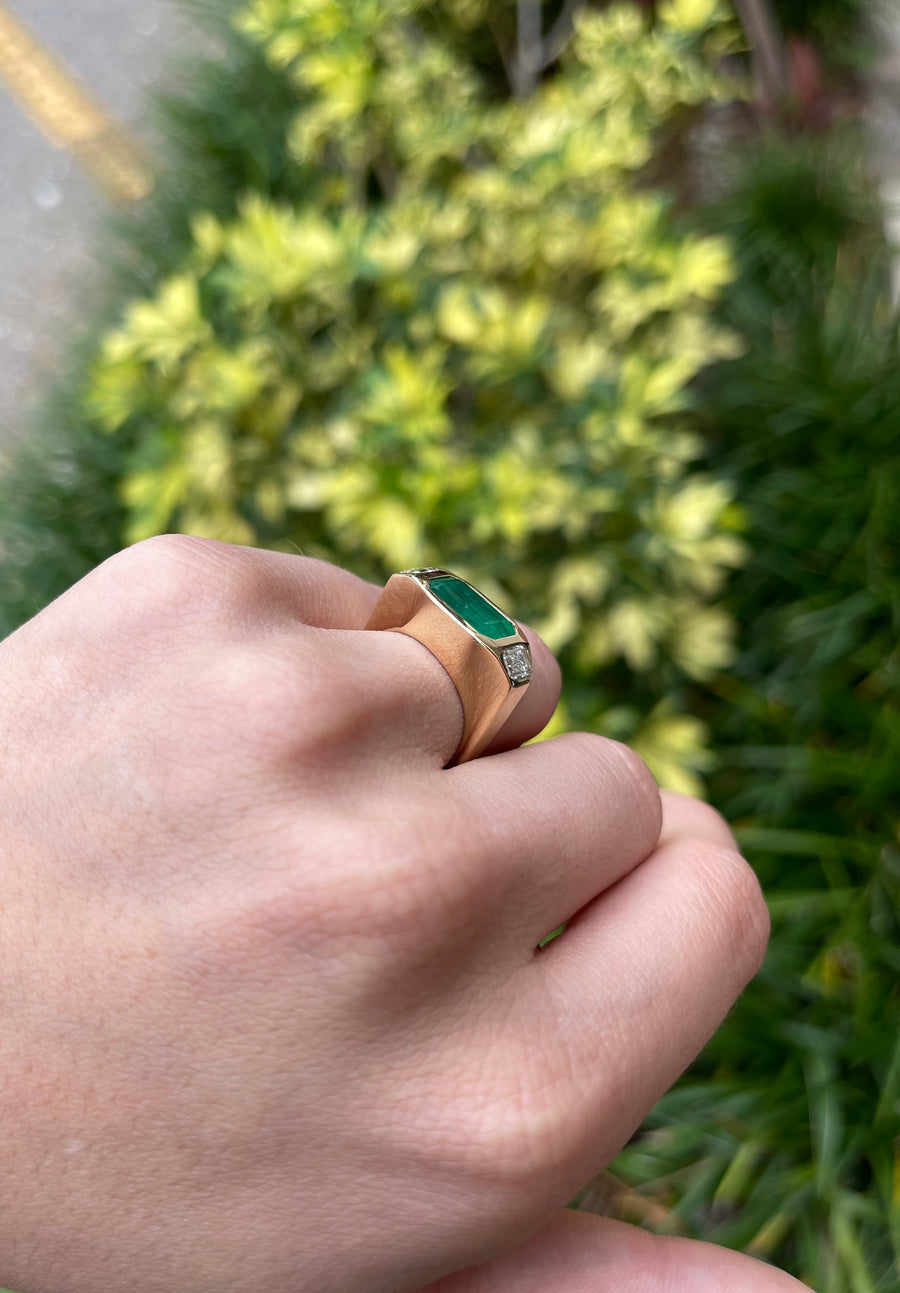 4.50tcw 18K E-W Three Stone Emerald & Emerald Cut Diamond Gypsy Ring