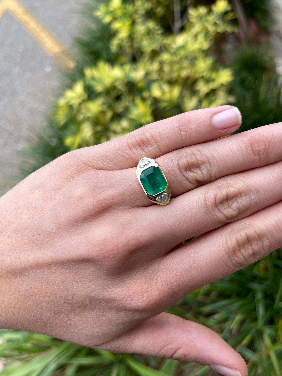 Heirloom 4.29tcw 18K 3 Stone Emerald & Heart Cut Diamond Bold Gypsy engagement Ring 