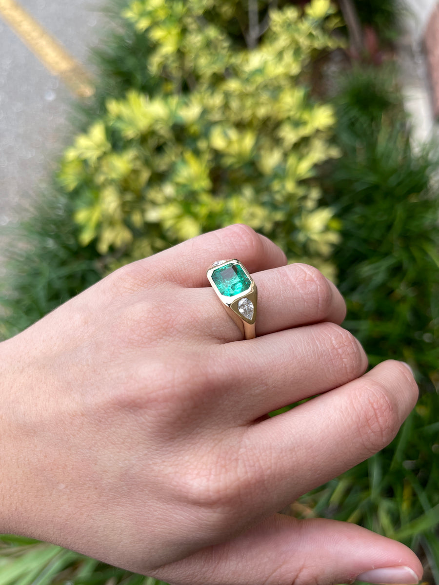 4.62tcw AAA Grade 3 Stone Emerald Cut Colombian Emerald & VVS Pear Cut Diamond Gypsy Ring Yellow Gold 18k